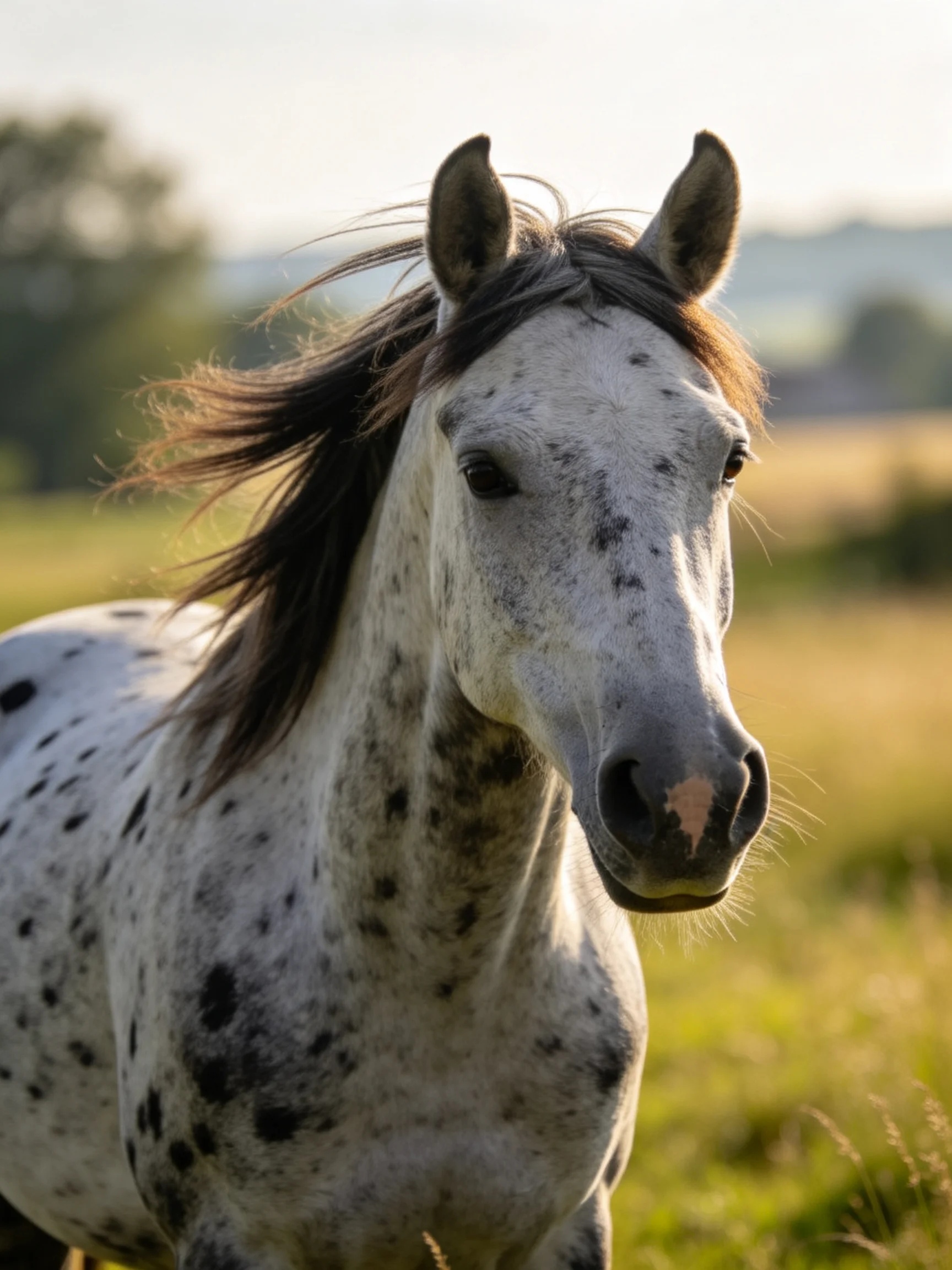 A white speckled horse in a sunlit open field