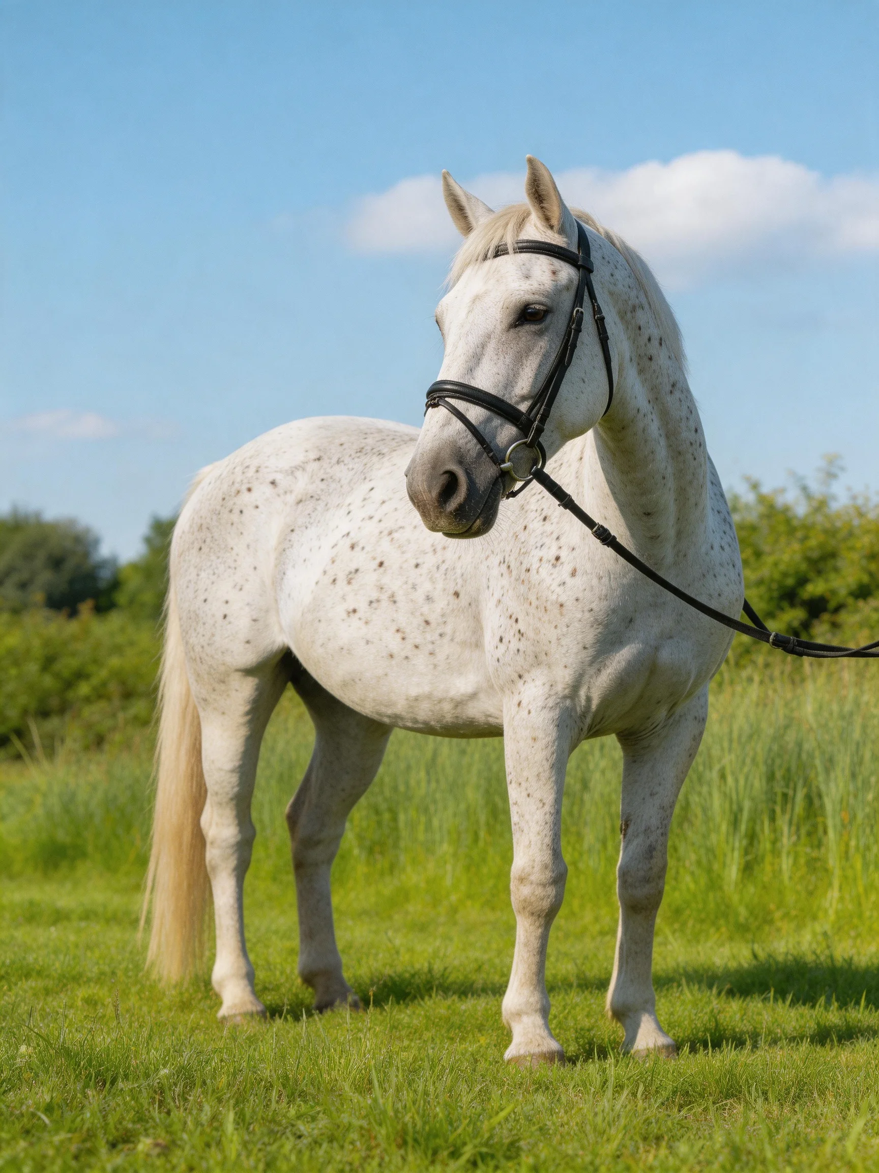 A white speckled horse stands in a sunlit green meadow