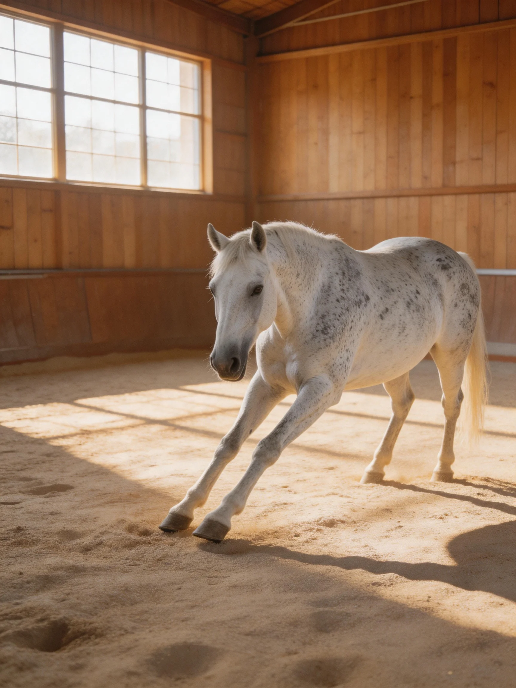 A white speckled horse stretches inside a wooden stable with sandy floor