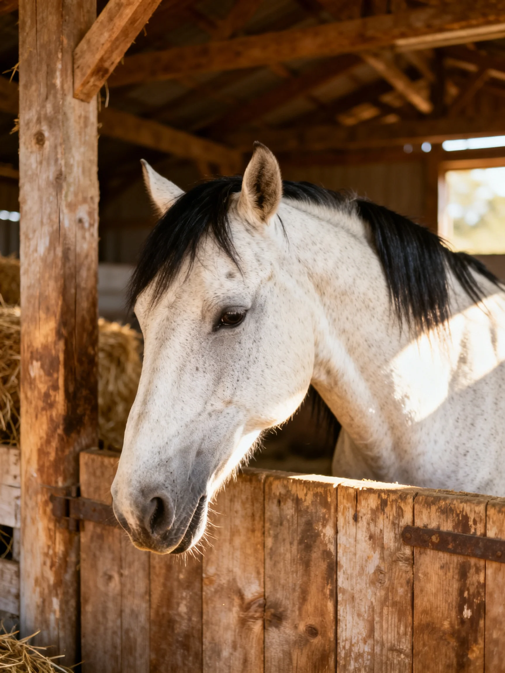 A white speckled horse with a black mane in a rustic wooden stable
