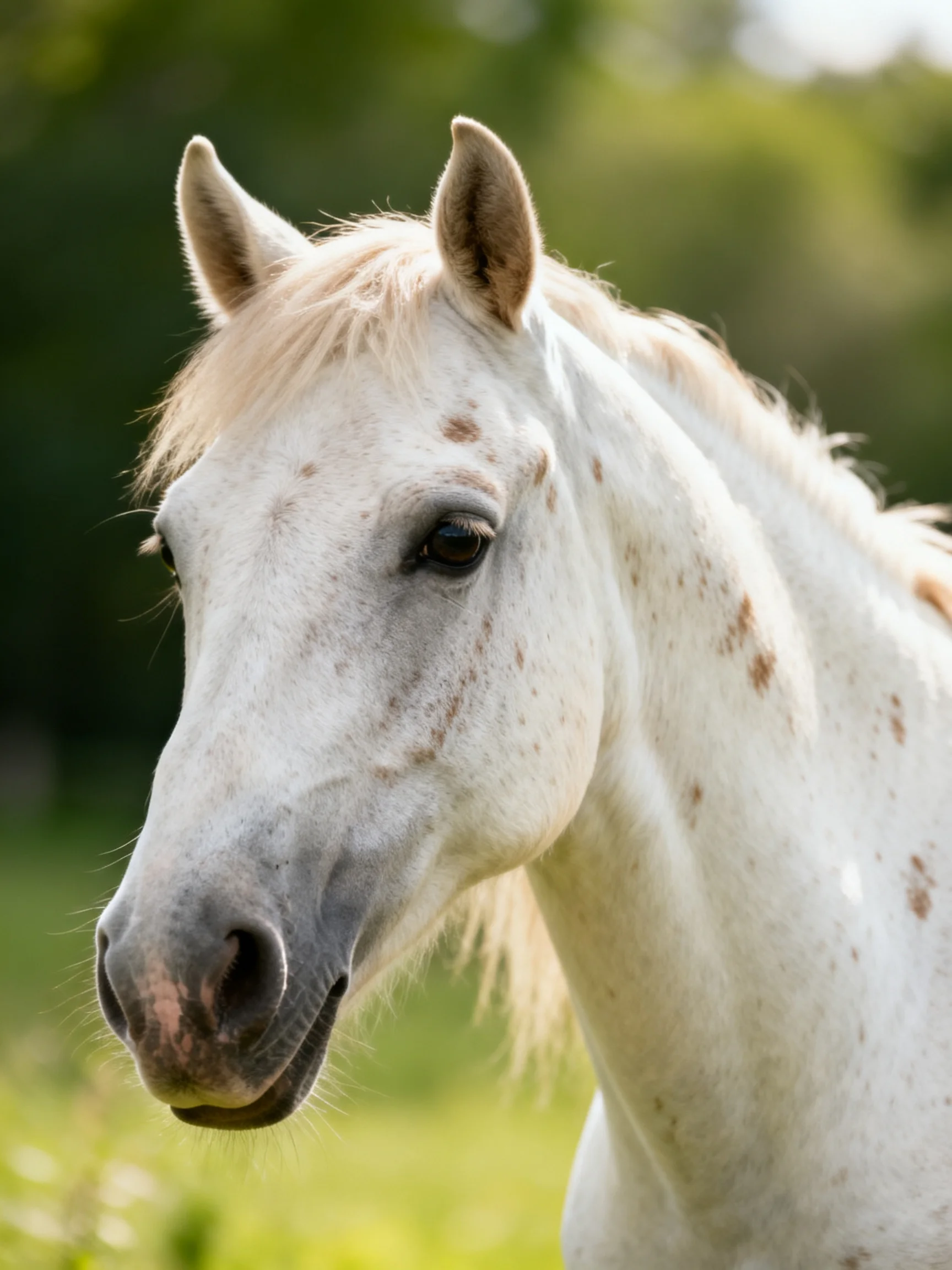 A white speckled horse with blonde mane in a lush green meadow