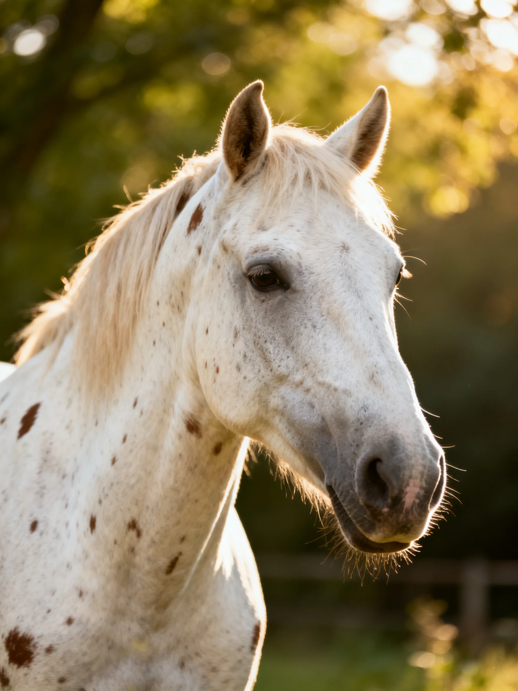 A white speckled horse with brown spots in a sun-dappled forest clearing