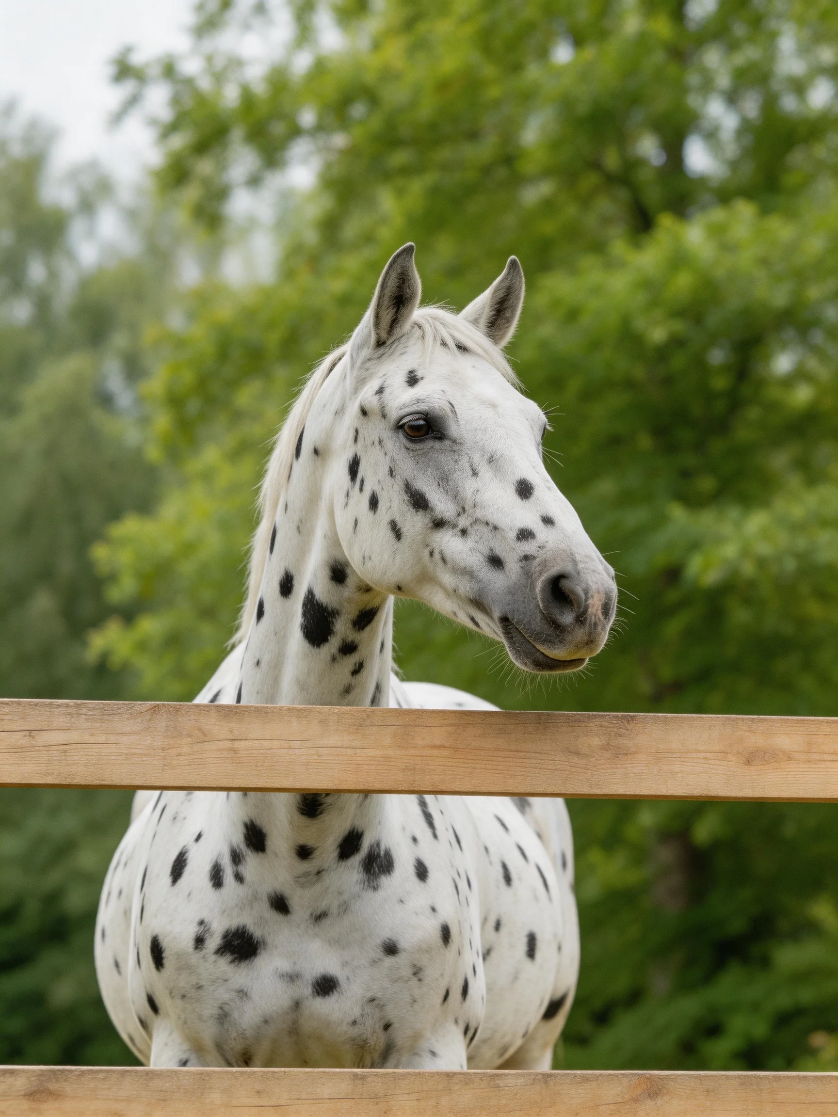 A white spotted horse behind a wooden fence with green trees
