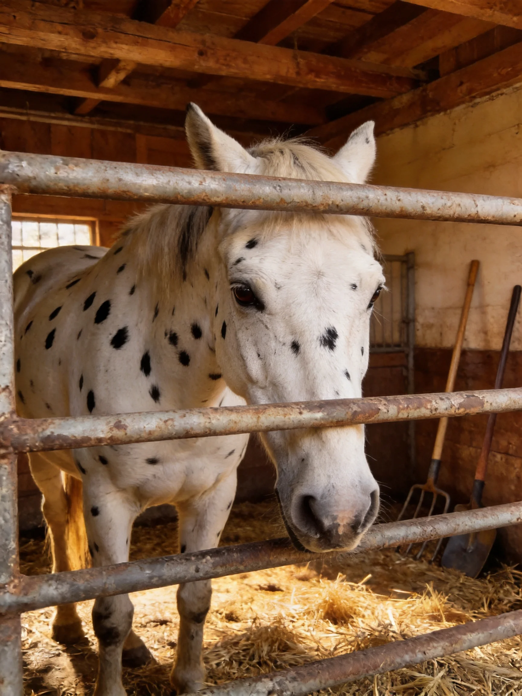 A white spotted horse behind rusty metal bars in a wooden stable