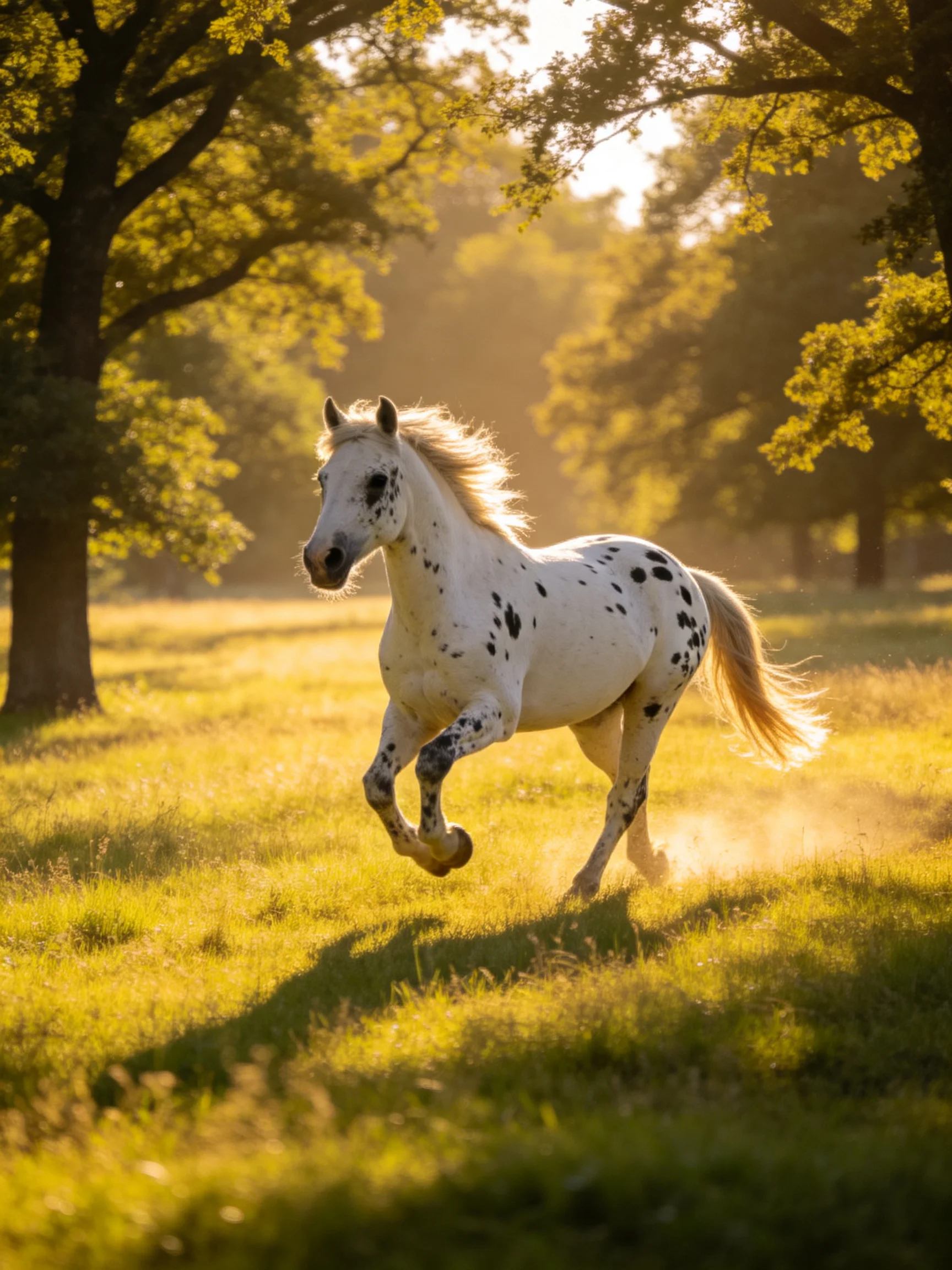 A white spotted horse galloping through a golden sunlit meadow