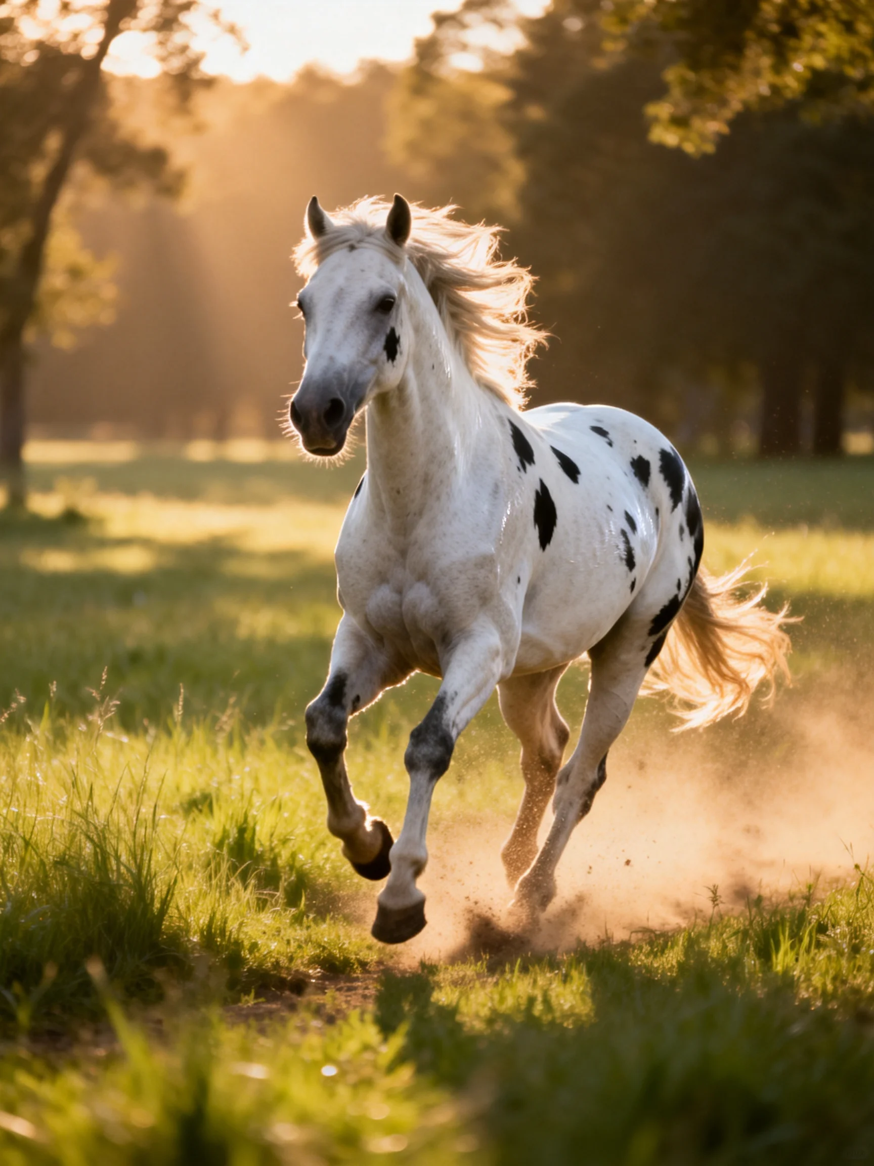 A white spotted horse gallops through a sunlit meadow