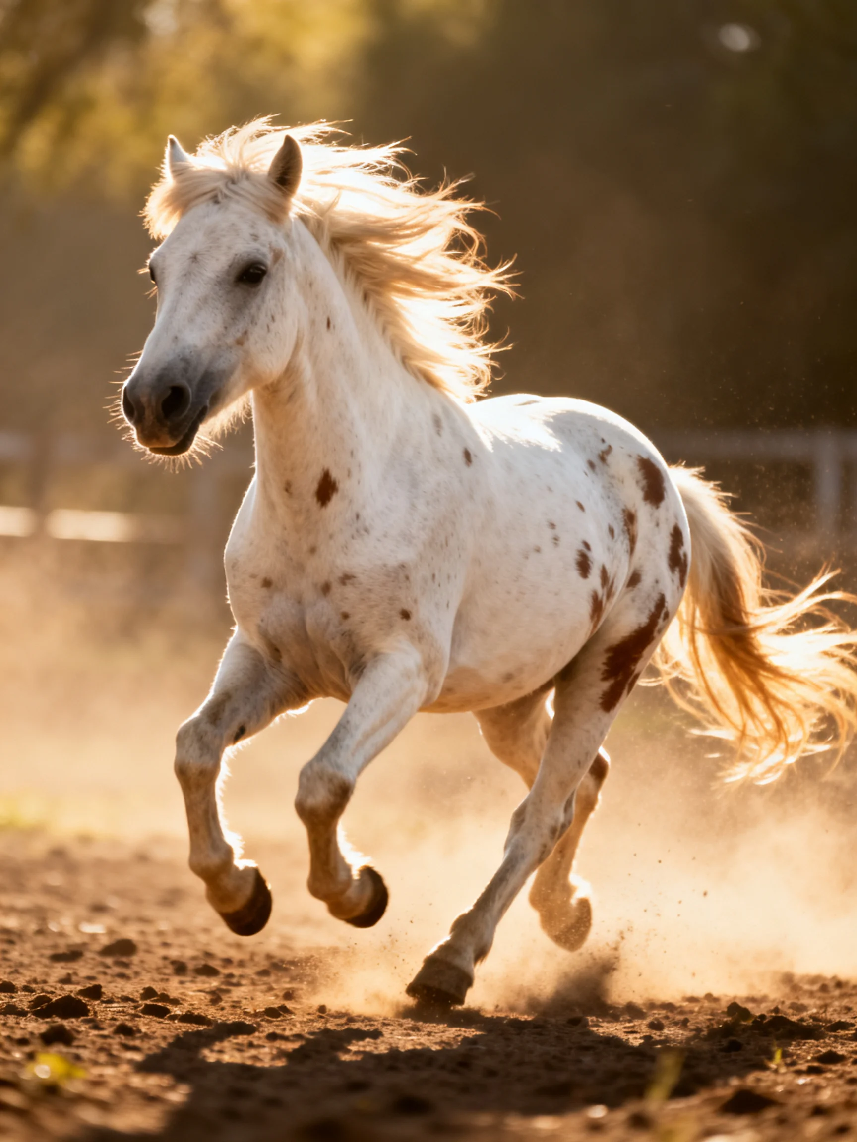 A white spotted horse gallops through golden dust