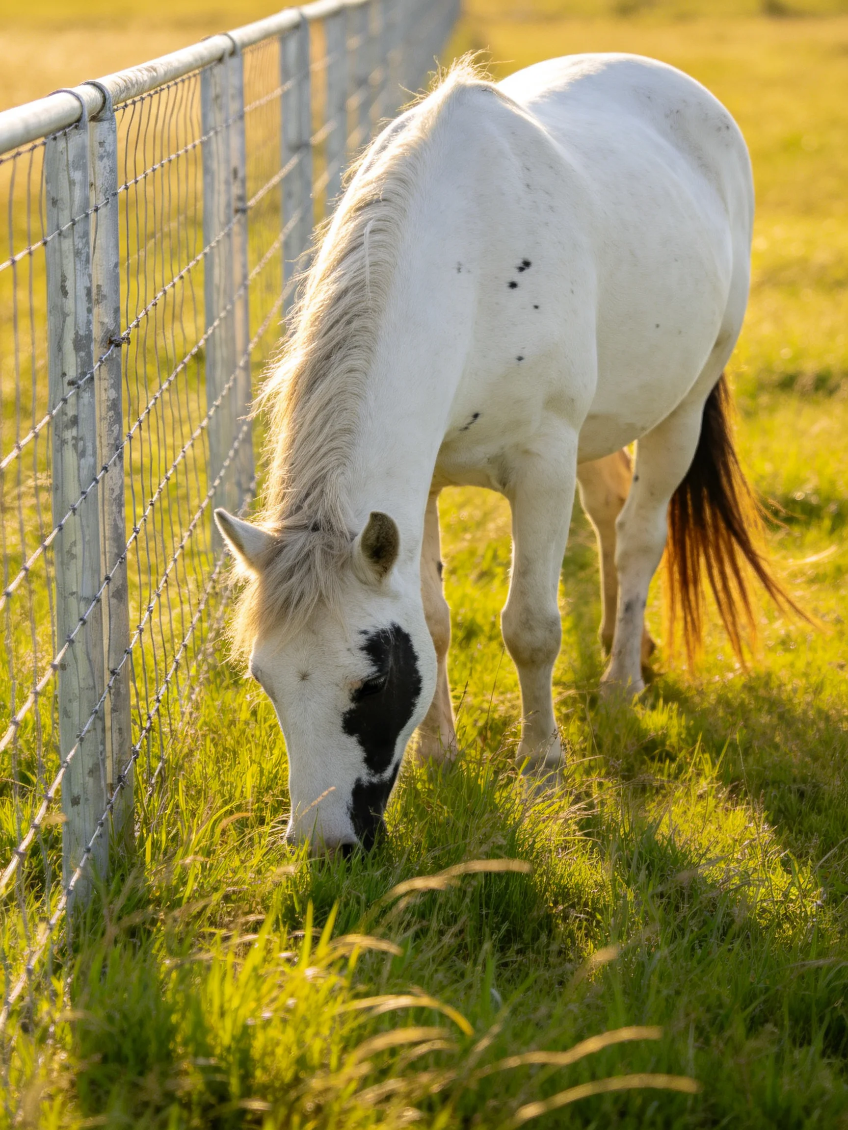 A white spotted horse grazes by a wire fence in golden sunlight