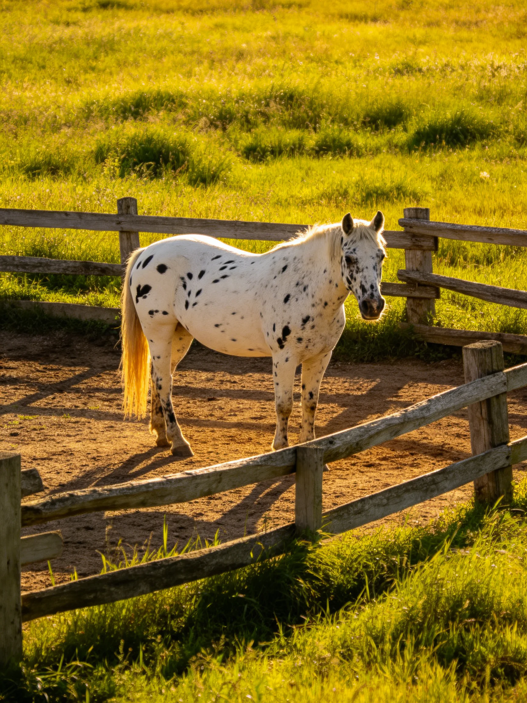 A white spotted horse in a fenced enclosure with golden grass