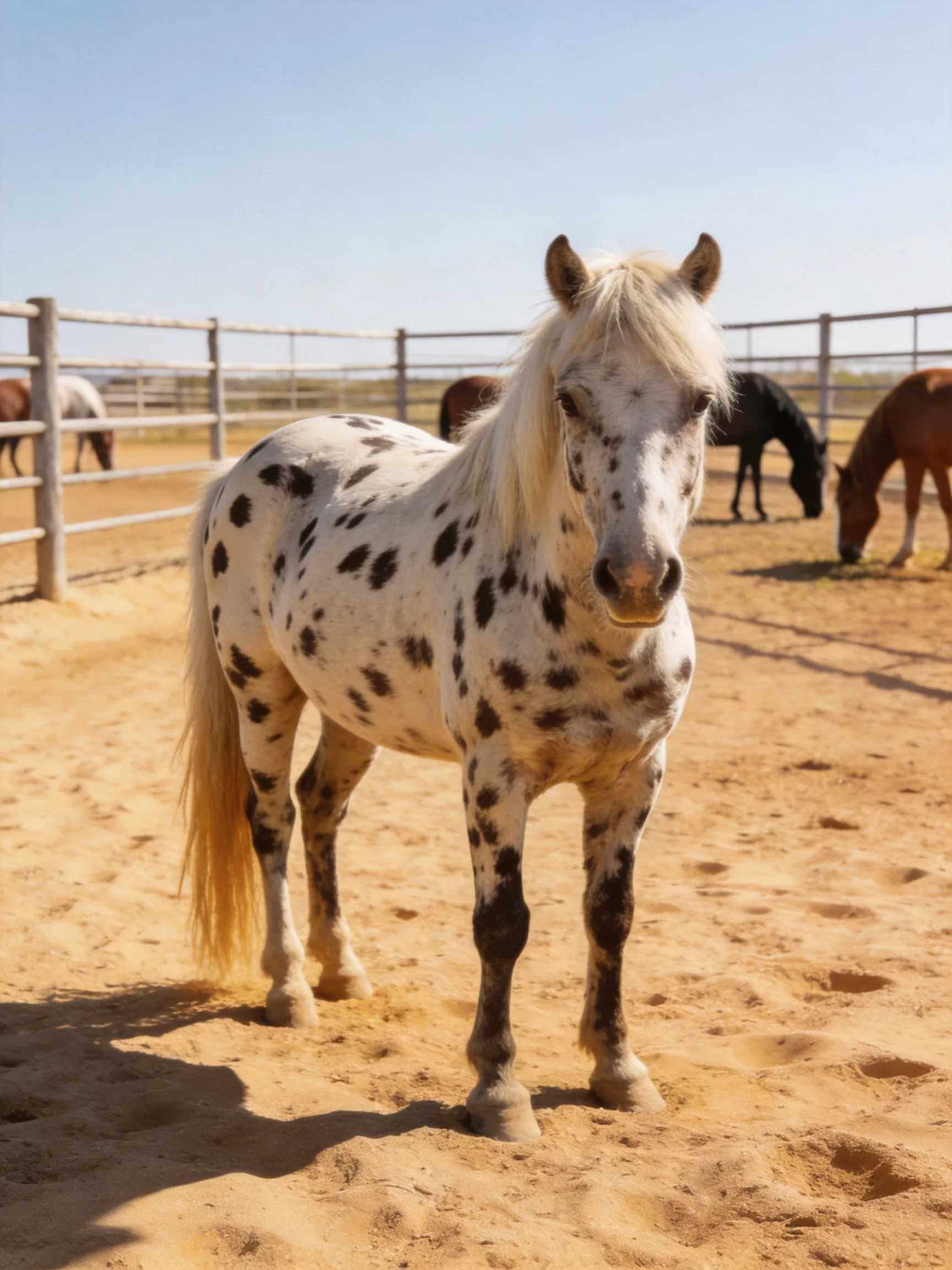A white spotted horse stands in a sandy enclosure with other horses nearby.