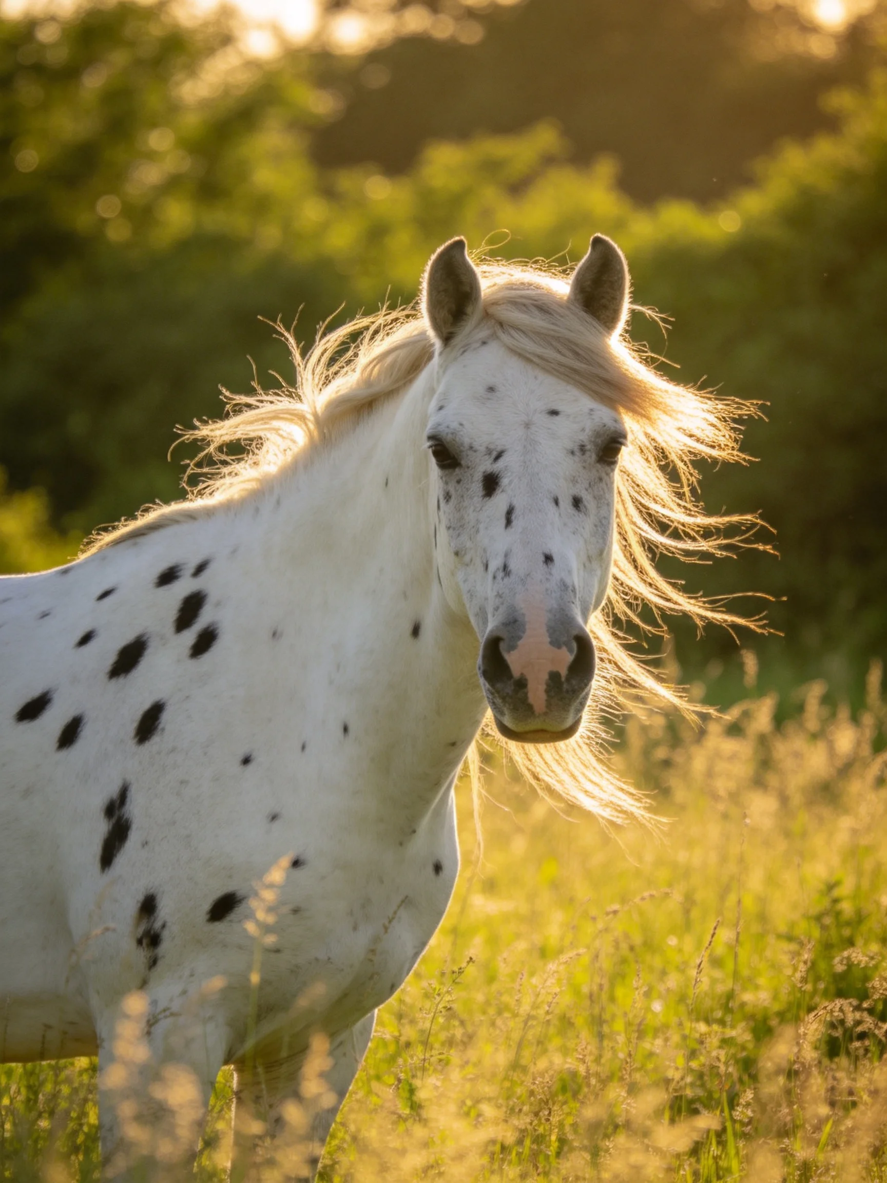 A white spotted horse in a sunlit meadow with golden grass