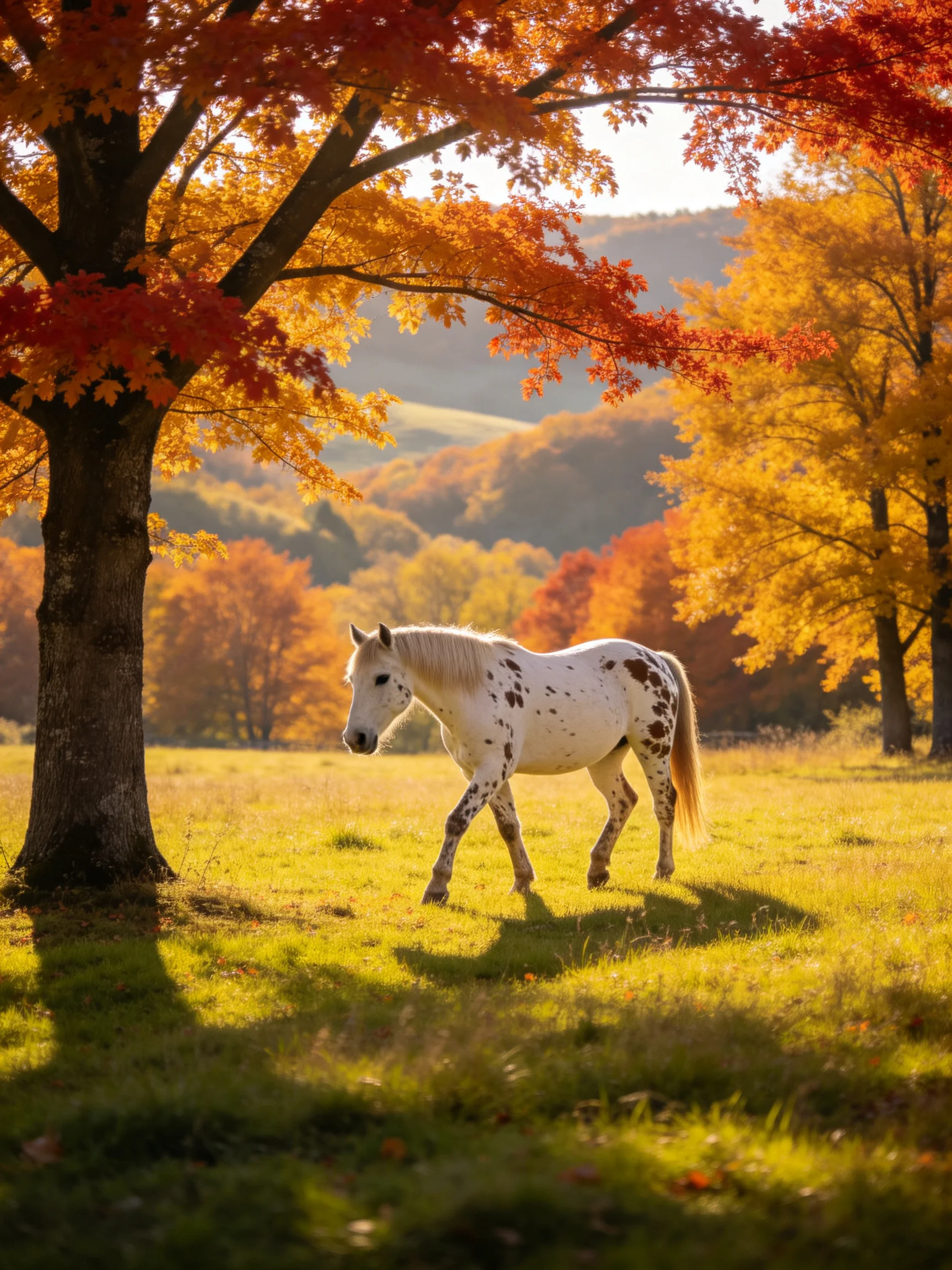 A white-spotted horse roams an autumn meadow with vibrant fall trees