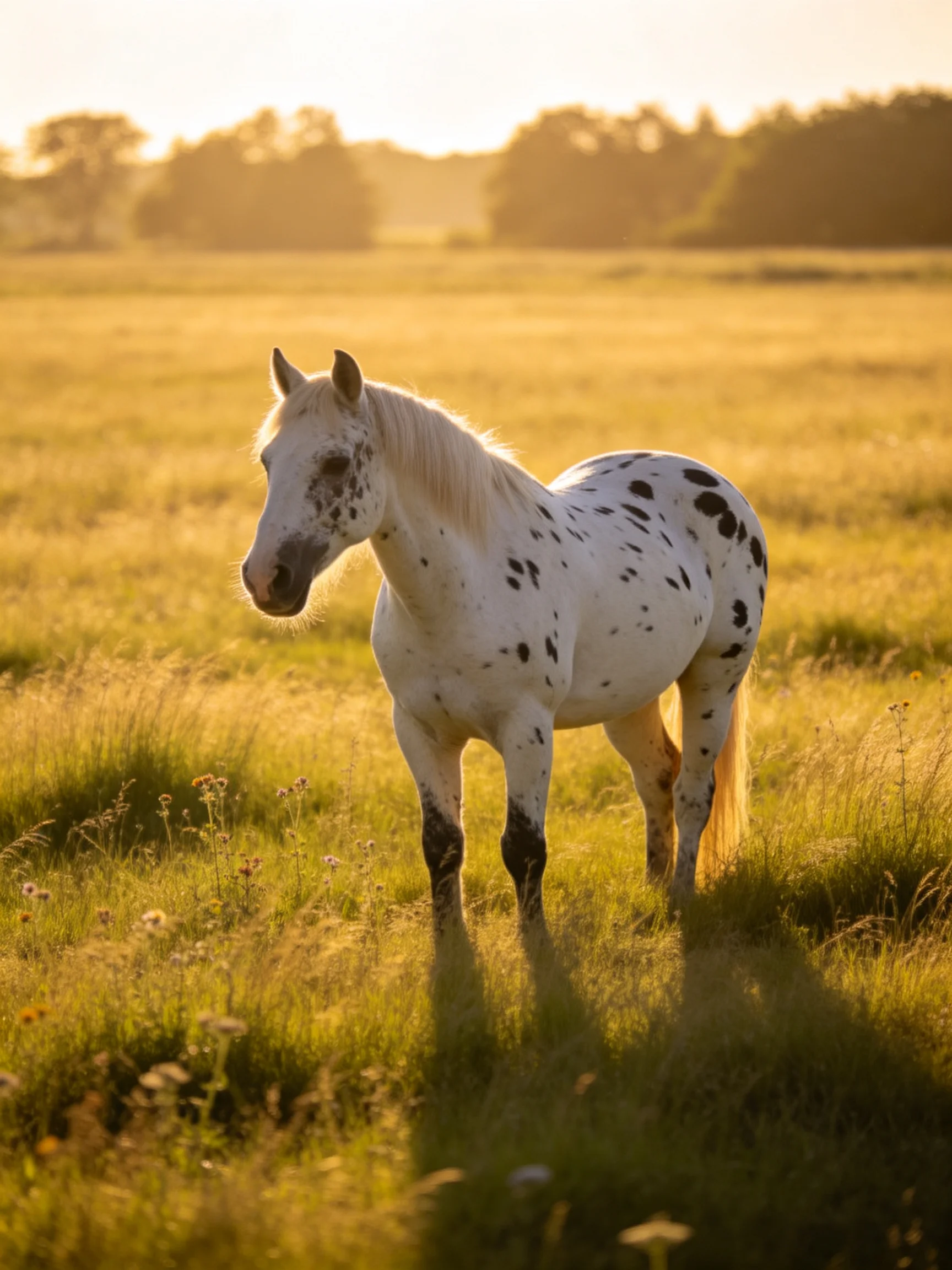 A white spotted horse stands in a sunlit meadow during golden hour.