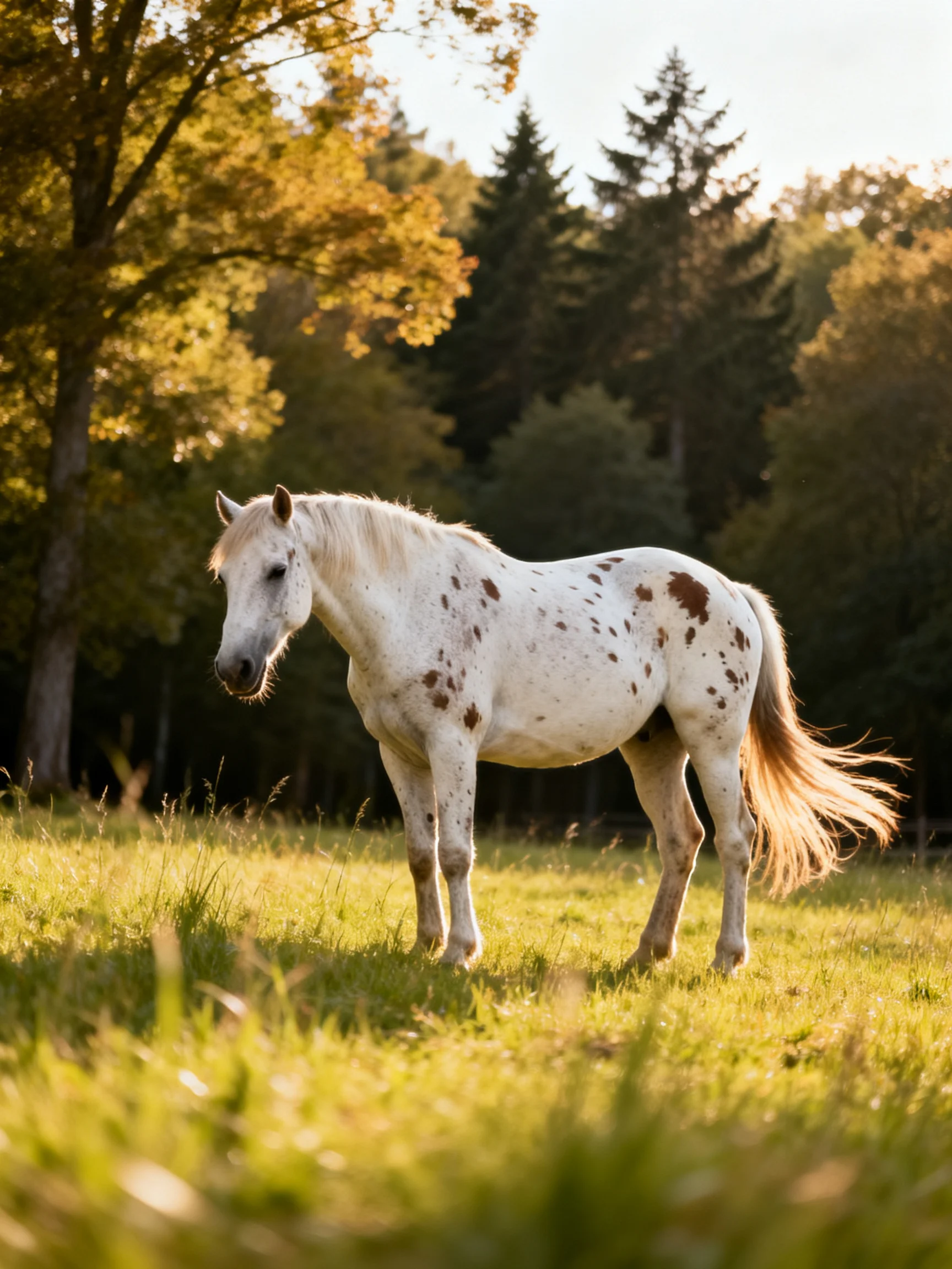 A white-spotted horse stands in a sunlit grassy meadow near autumnal trees