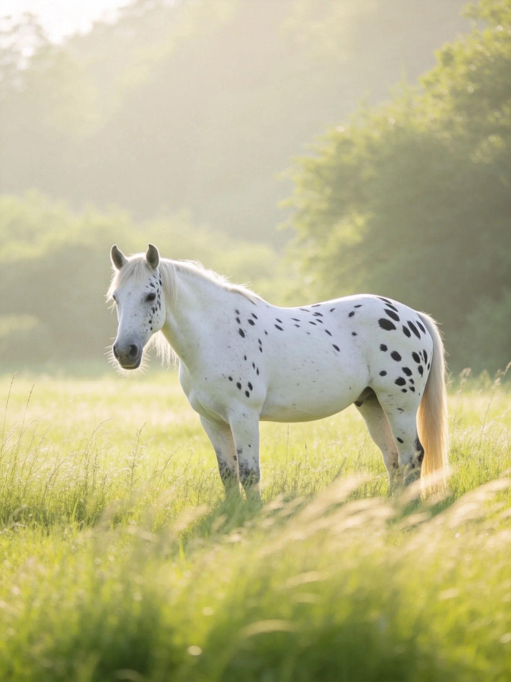 A white spotted horse stands in a sunlit green meadow