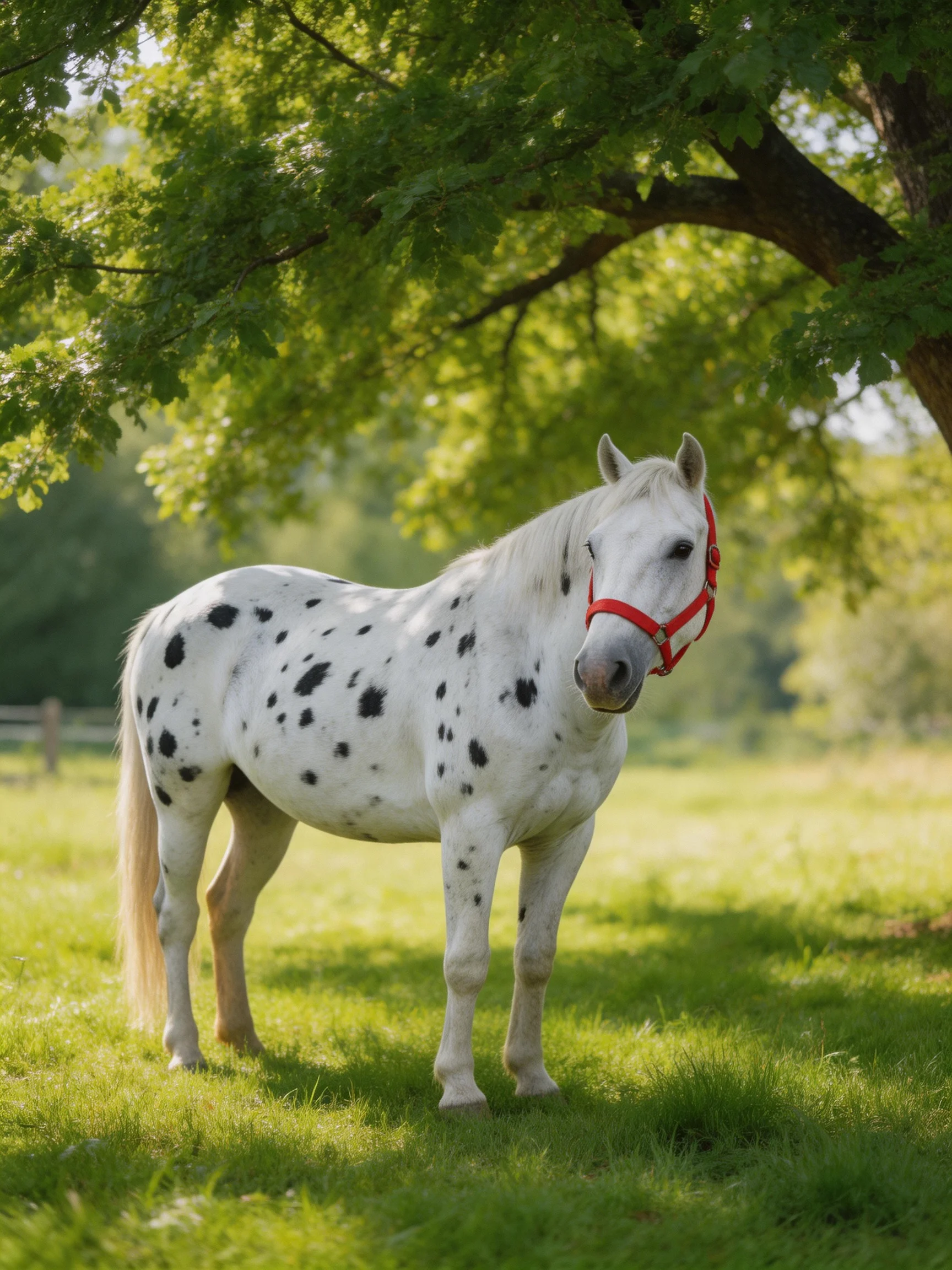 A white spotted horse with a red halter stands in a sunlit meadow