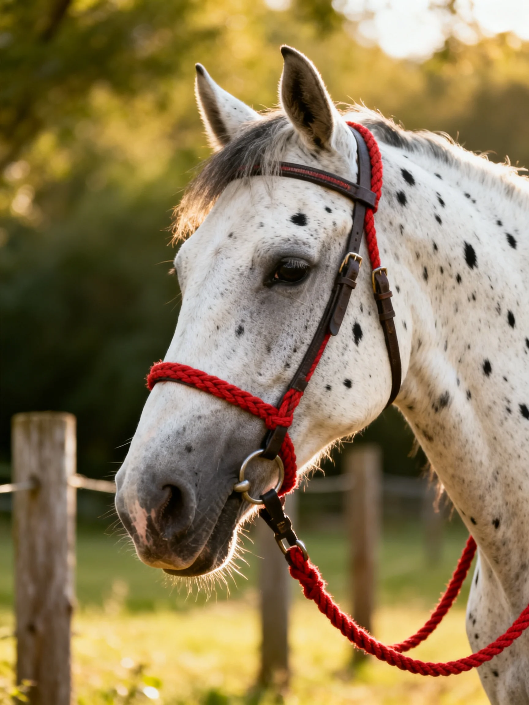 A white spotted horsewith a red bridle in a sunlit field