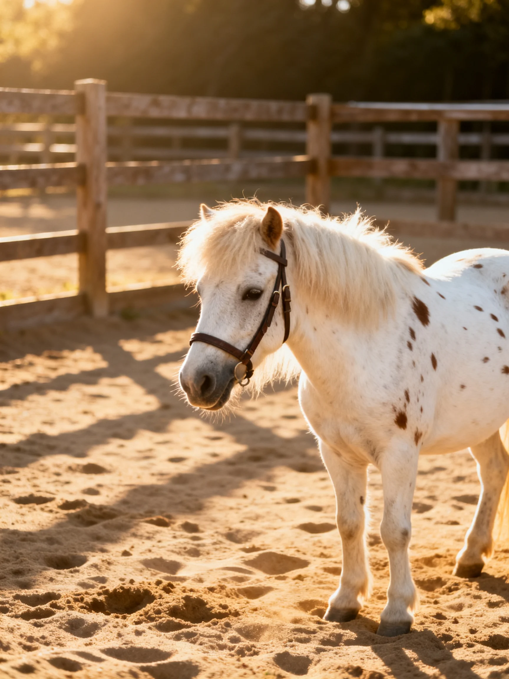 A white spotted pony stands in a sandy enclosure with wooden fencing