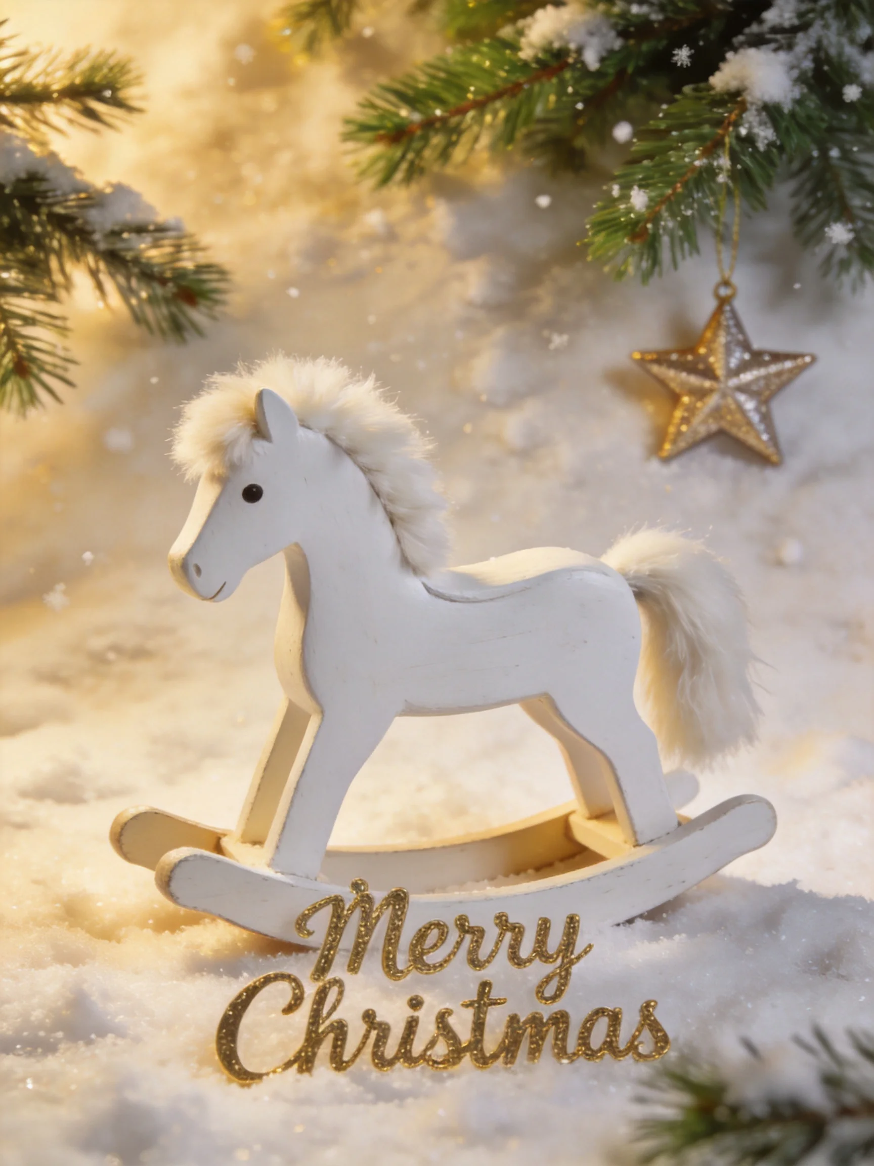 A white wooden rocking horse on snowy ground with pine branches and festive decorations