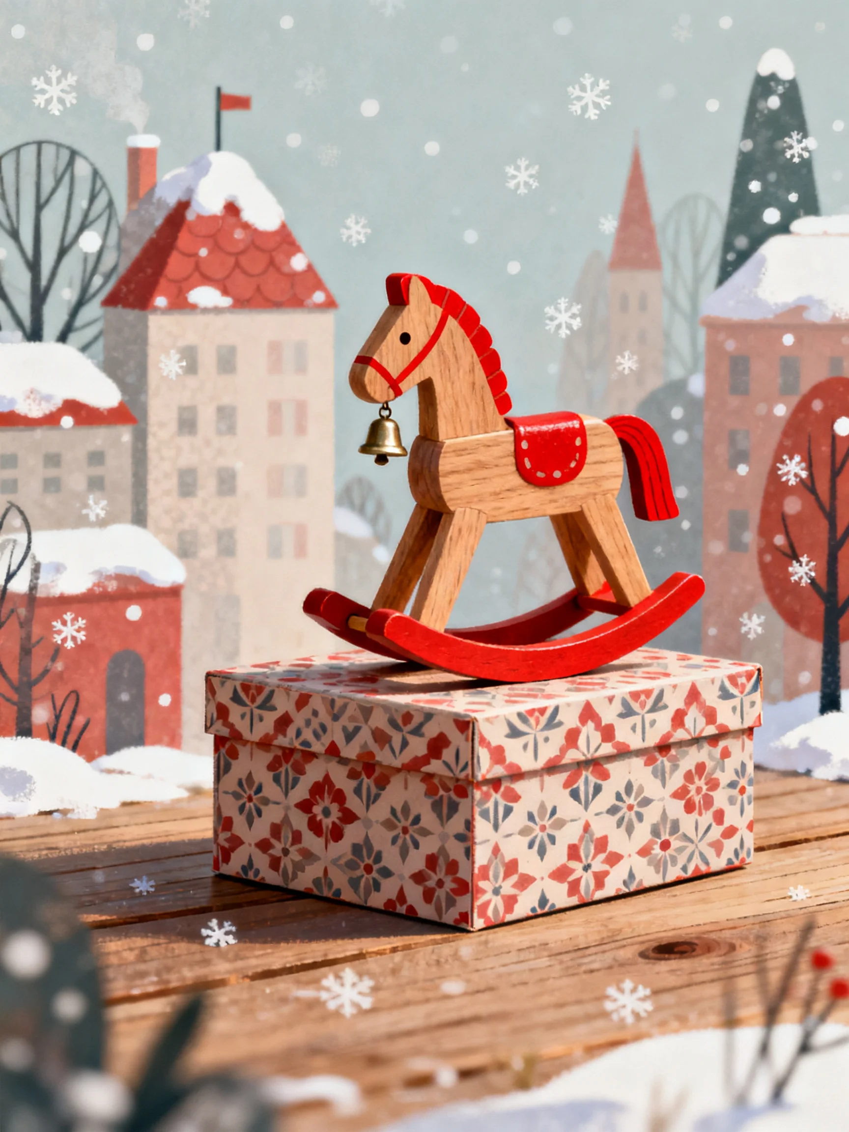 A wooden rocking horse atop a patterned gift box in a snowy village scene