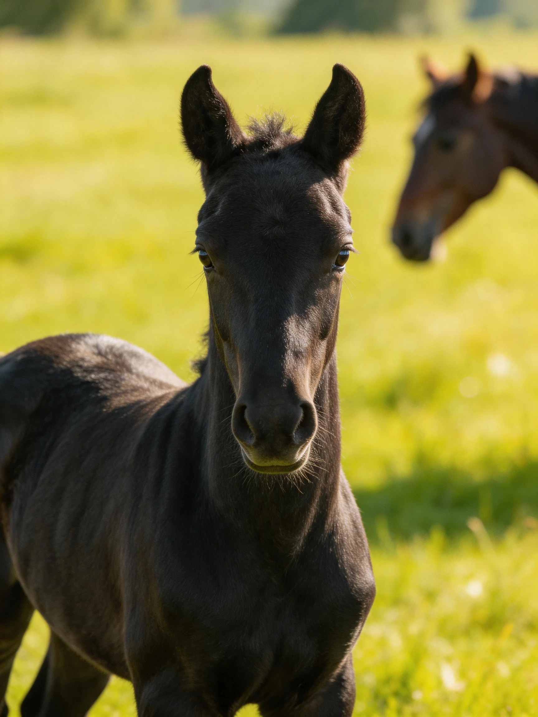 A young black foal stands in a sunlit green pasture near an adult horse.