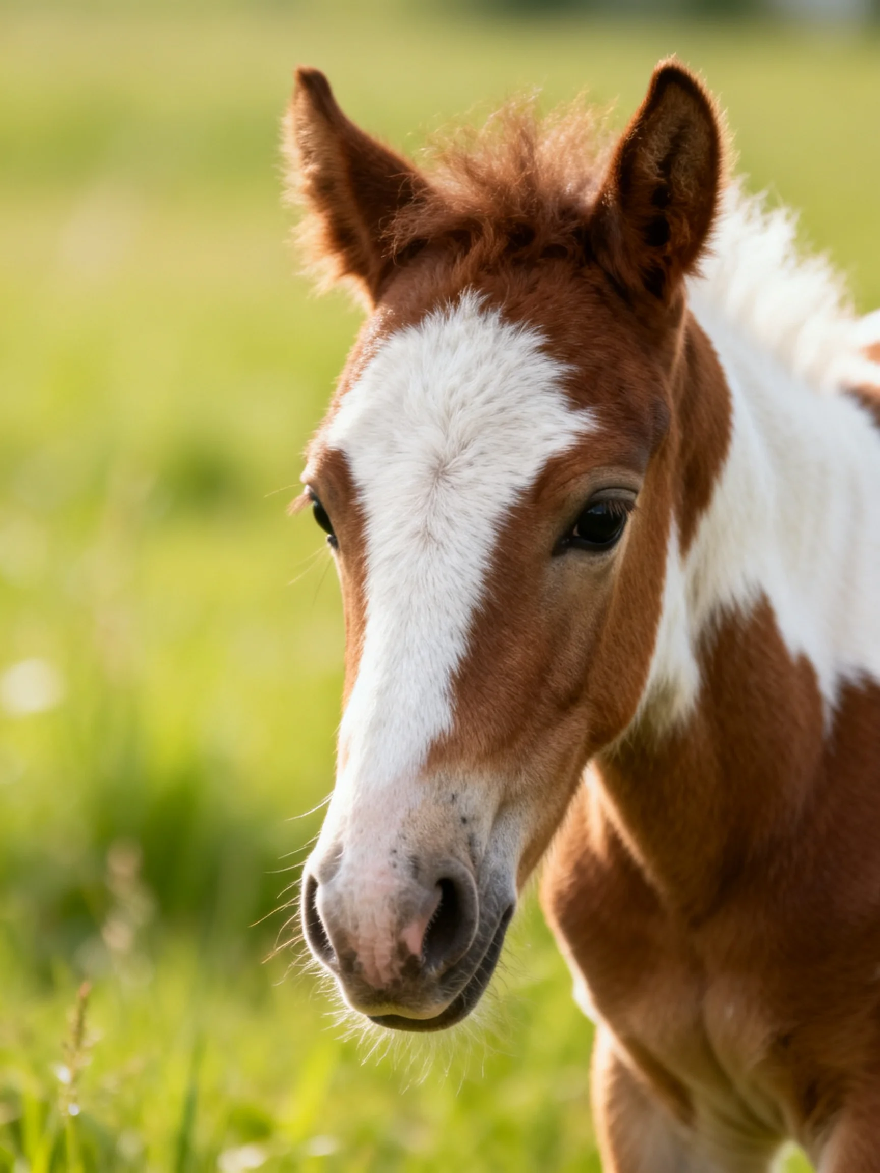 A young brown and white foal in a sunlit green pasture