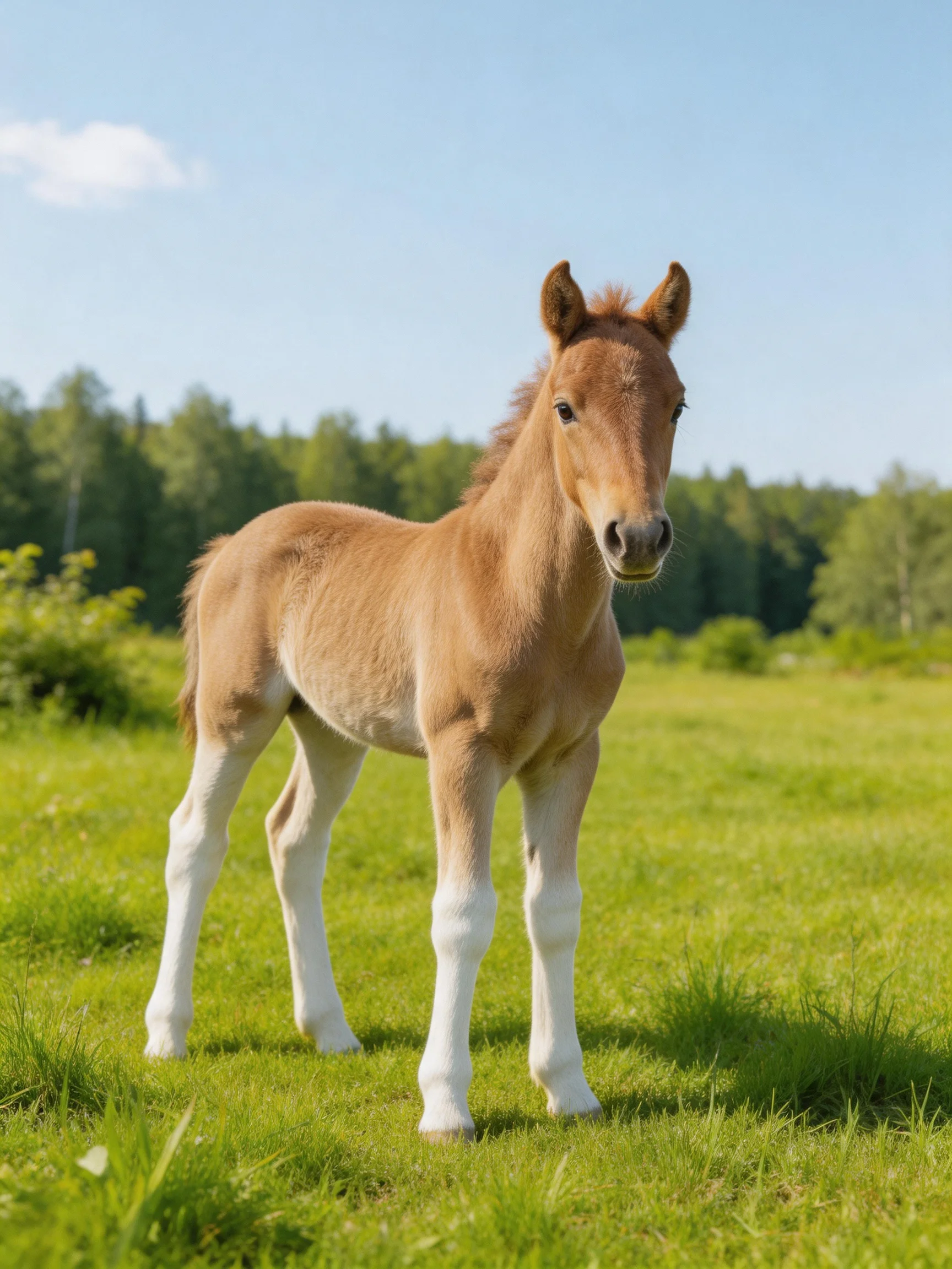 A young brown and white foal stands in a lush green meadow.