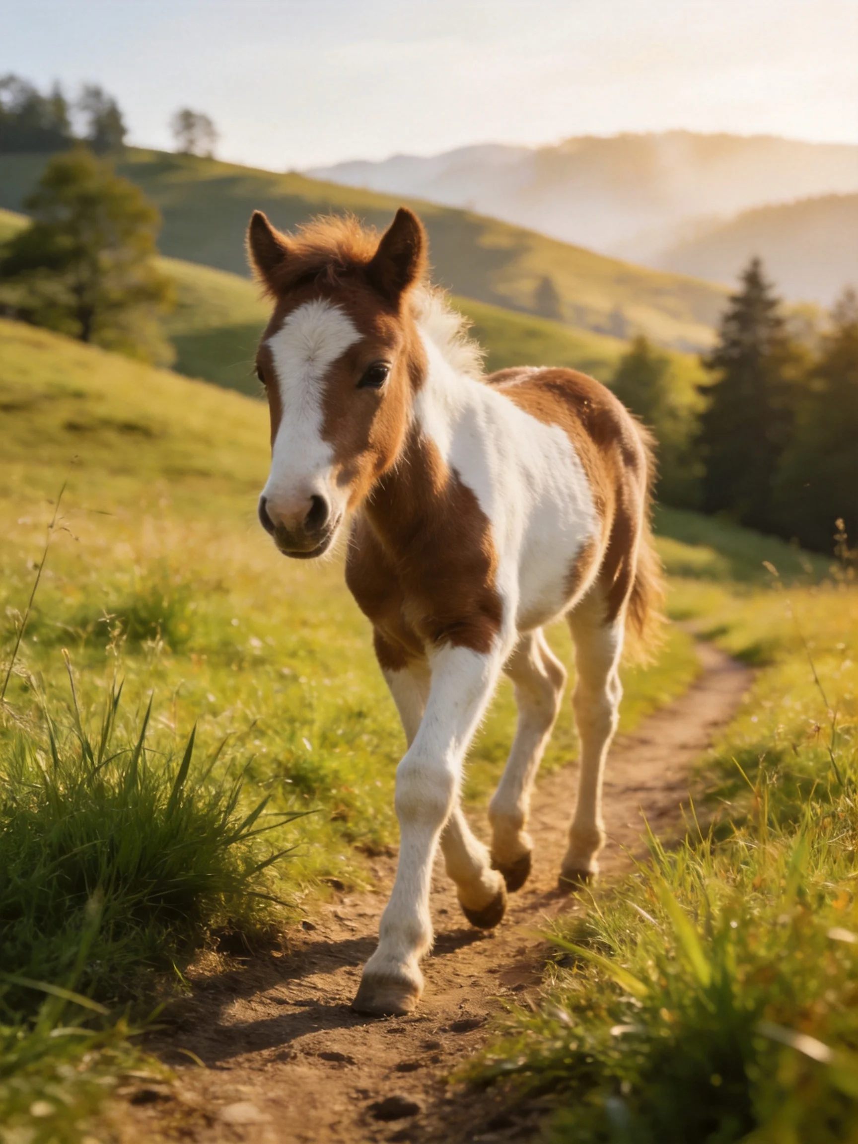 A young brown-and-white pony trotting along a sunlit dirt path