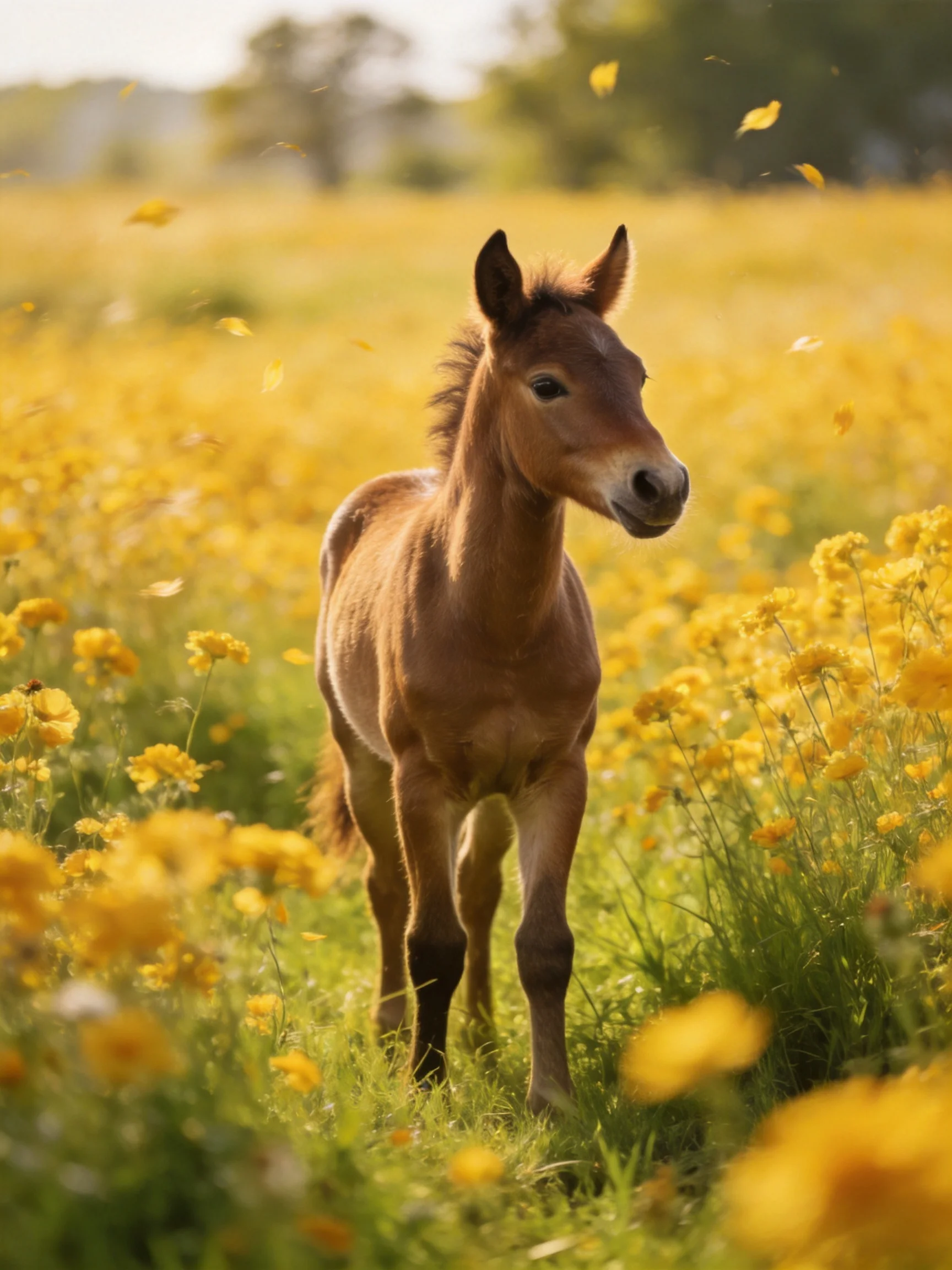 A young brown foal amidst a sprawling field of golden wildflowers