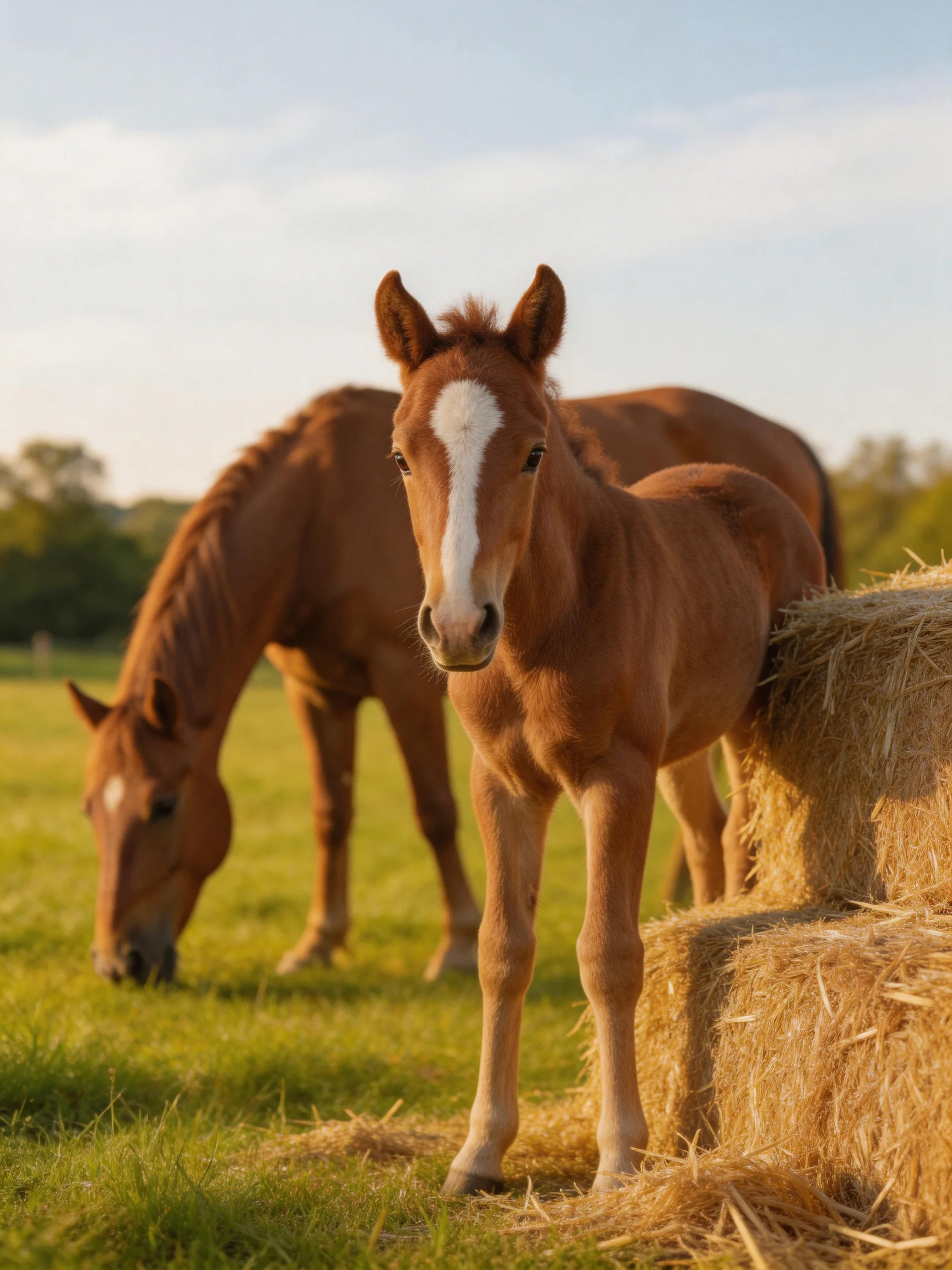 A young brown foal and an adult horse near golden hay bales in a green pasture