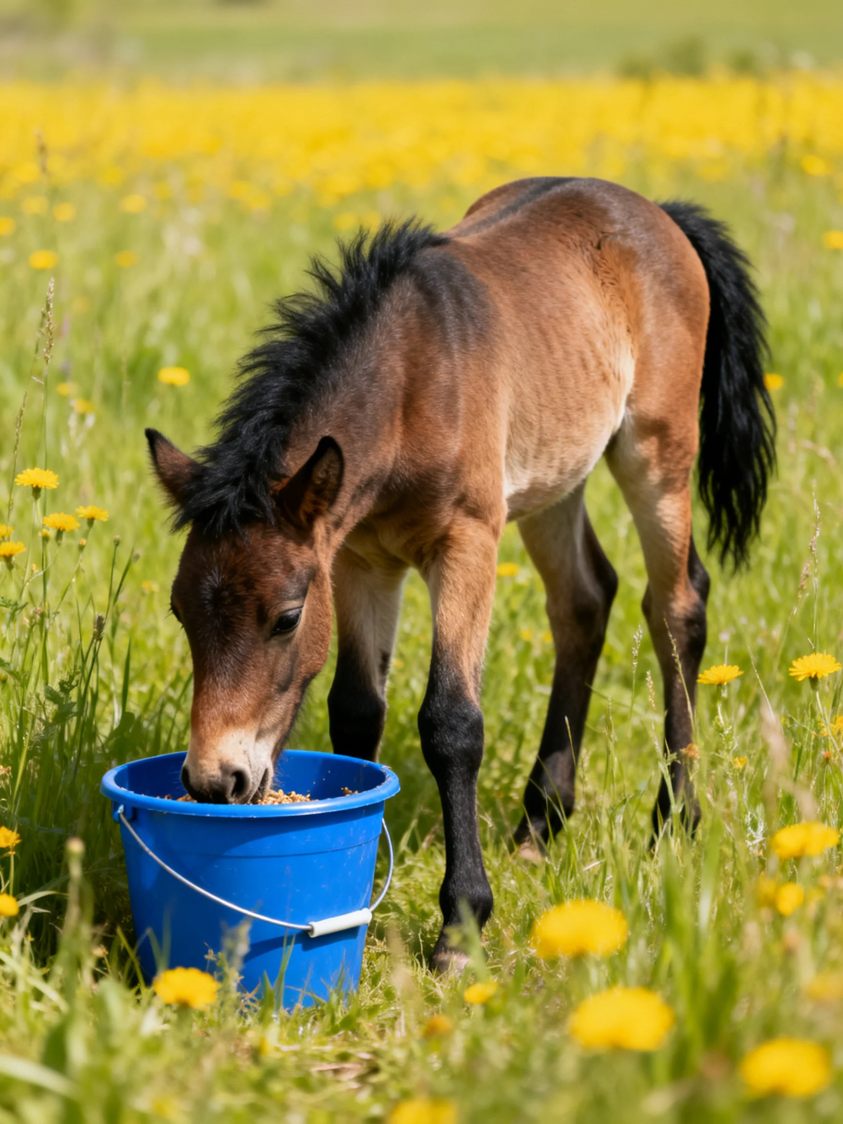A young brown foal eats from a bright blue bucket in a yellow-flowered meadow