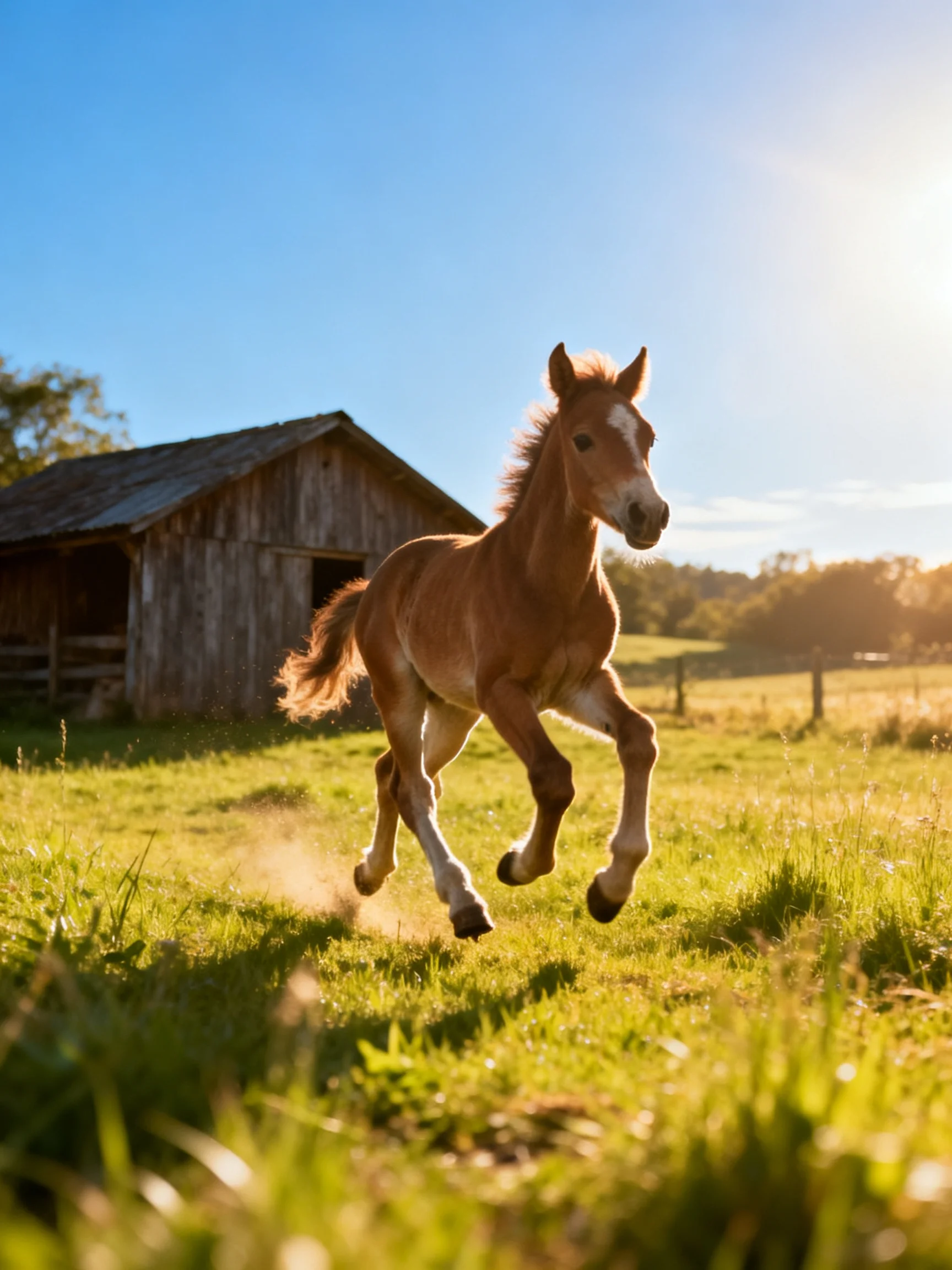 A young brown foal galloping near an old wooden barn