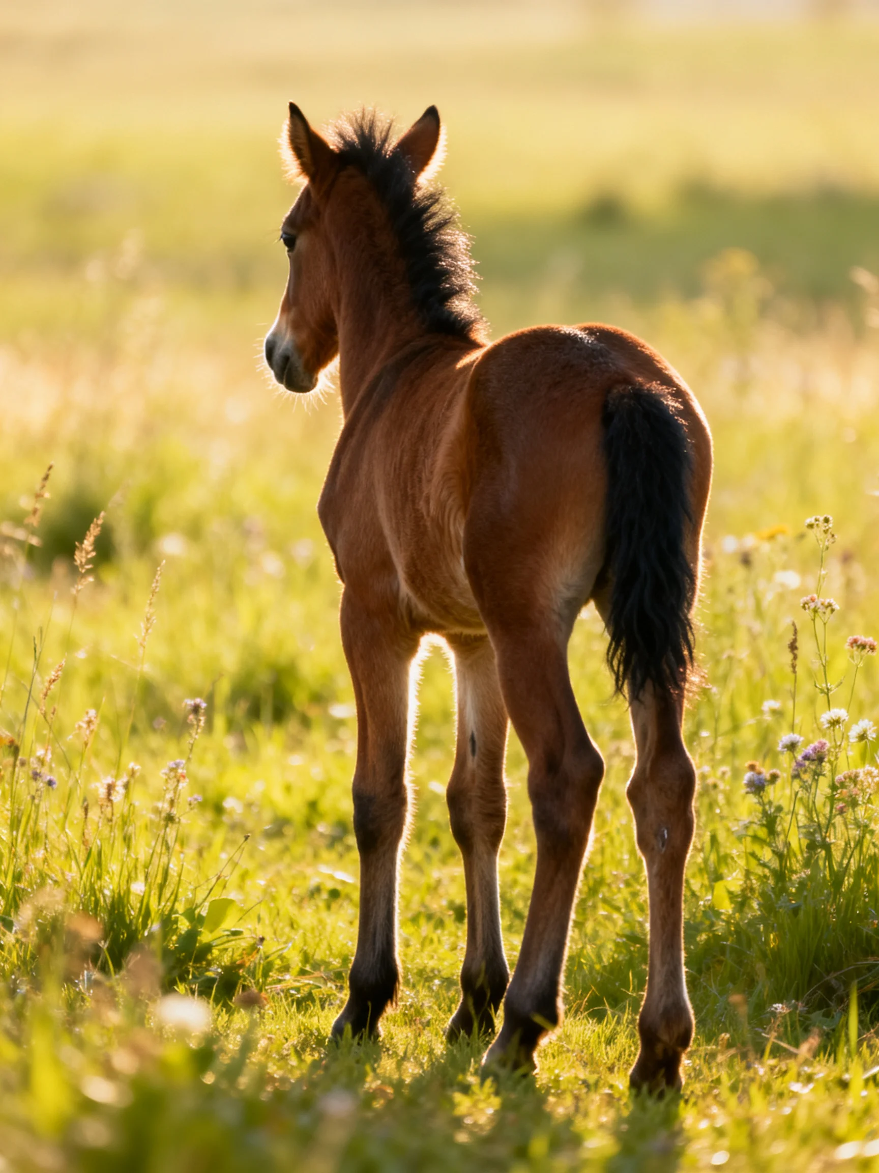 A young brown foal in a sunlit green meadow