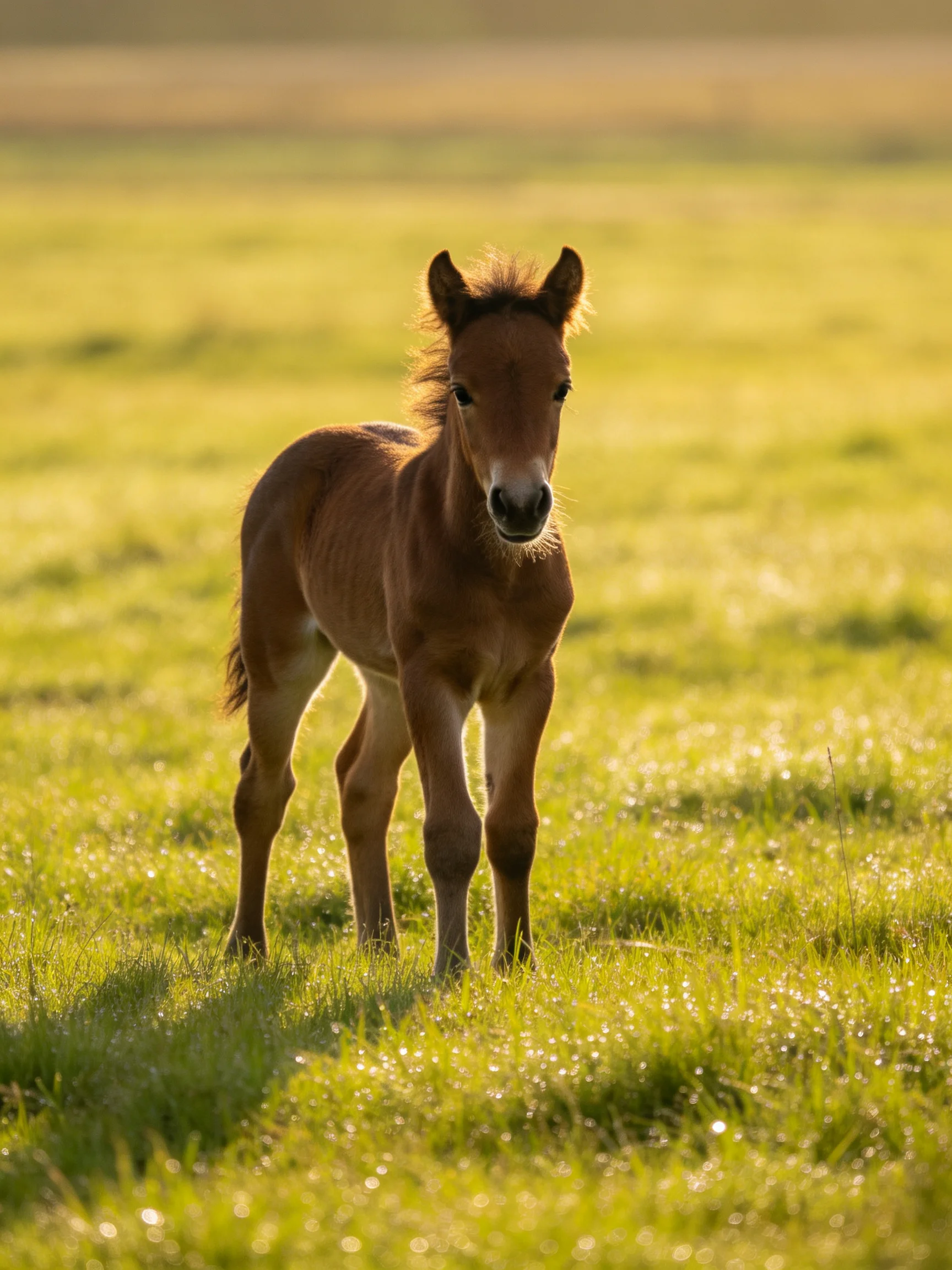 A young brown foal stands in a sunlit green pasture.
