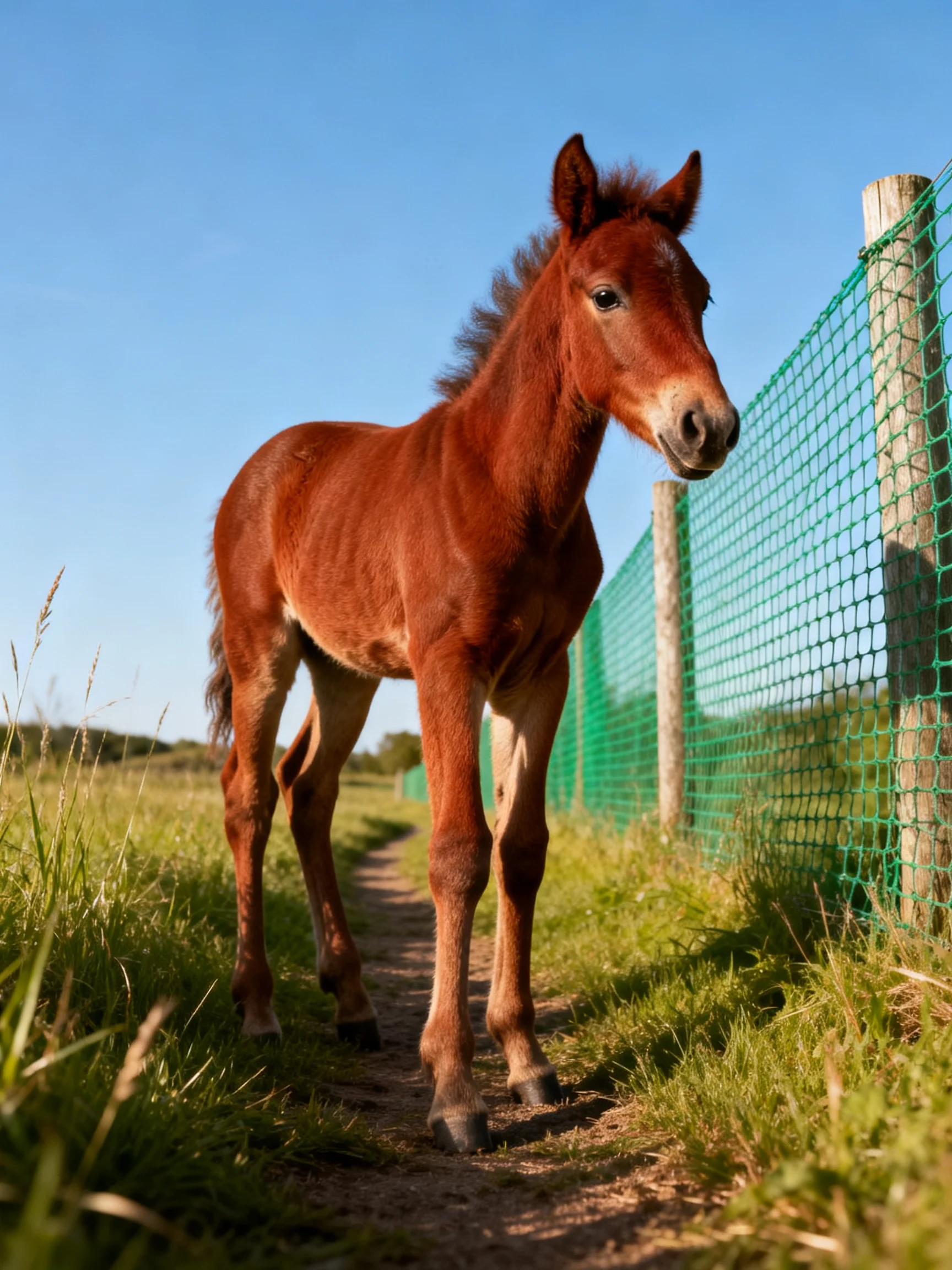 A young brown foal near a green mesh fence on a dirt path
