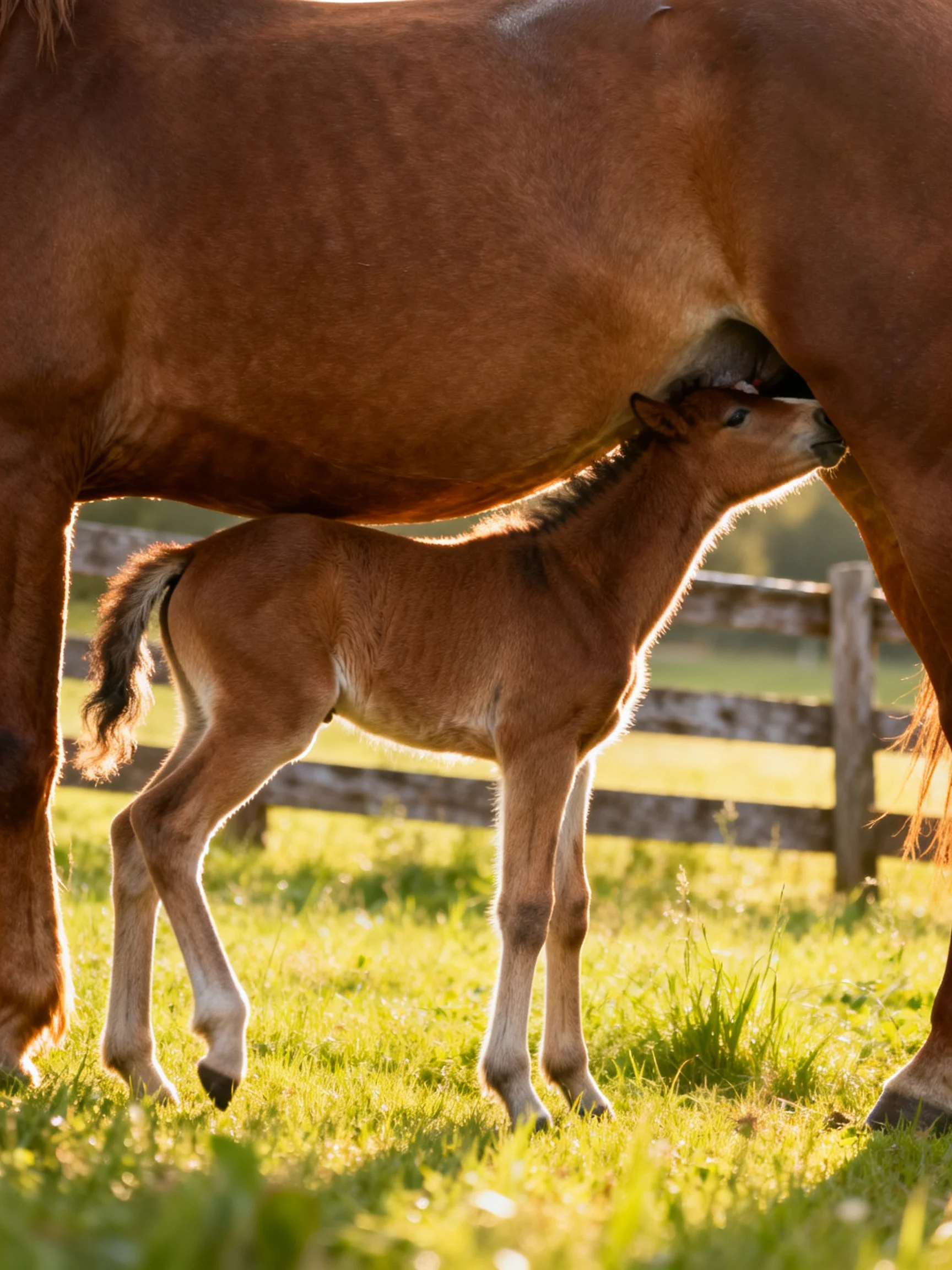 A young brown foal nurses from a large brown mare in a sunlit pasture