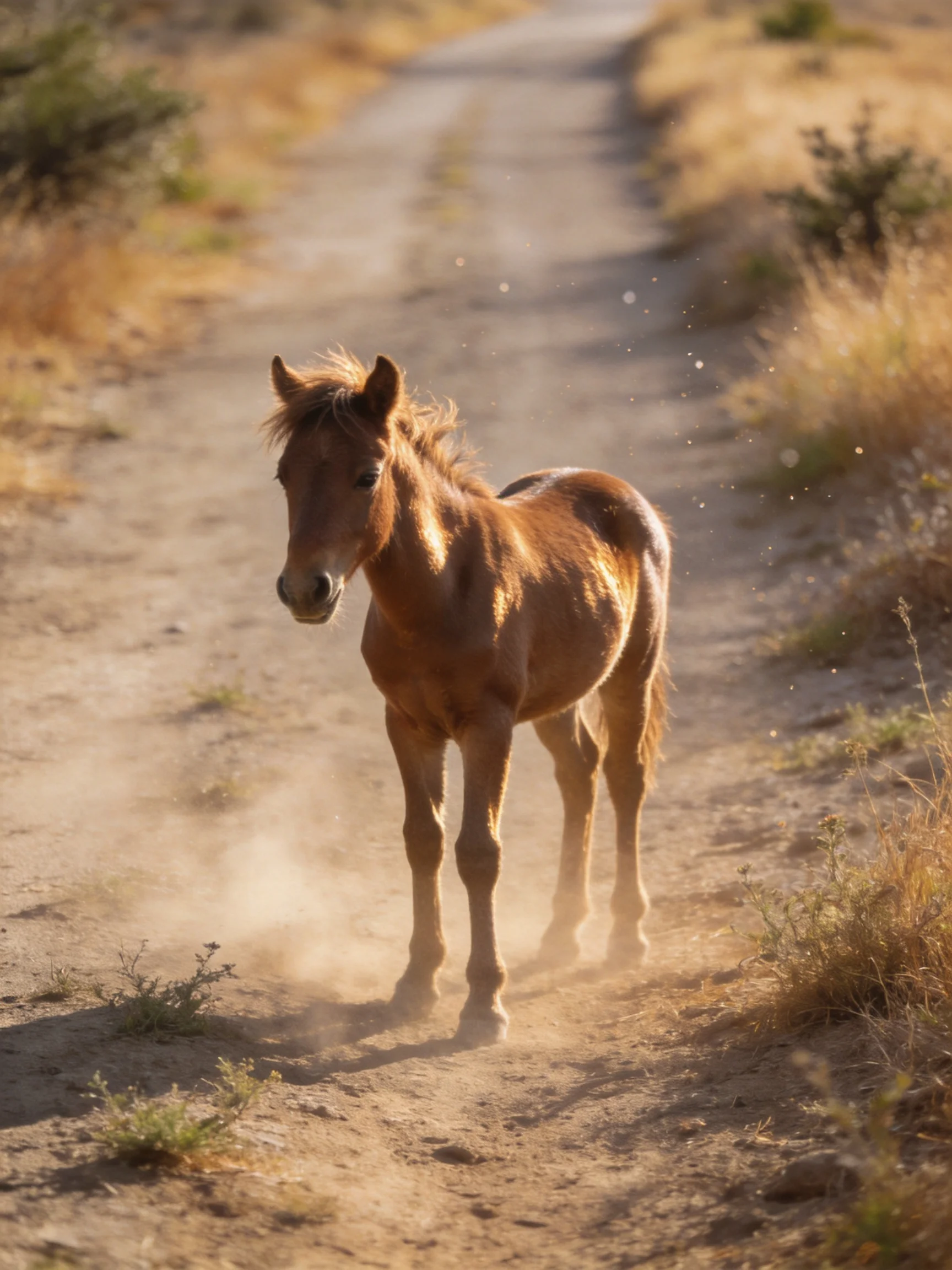 A young brown foal on a dusty rural dirt path
