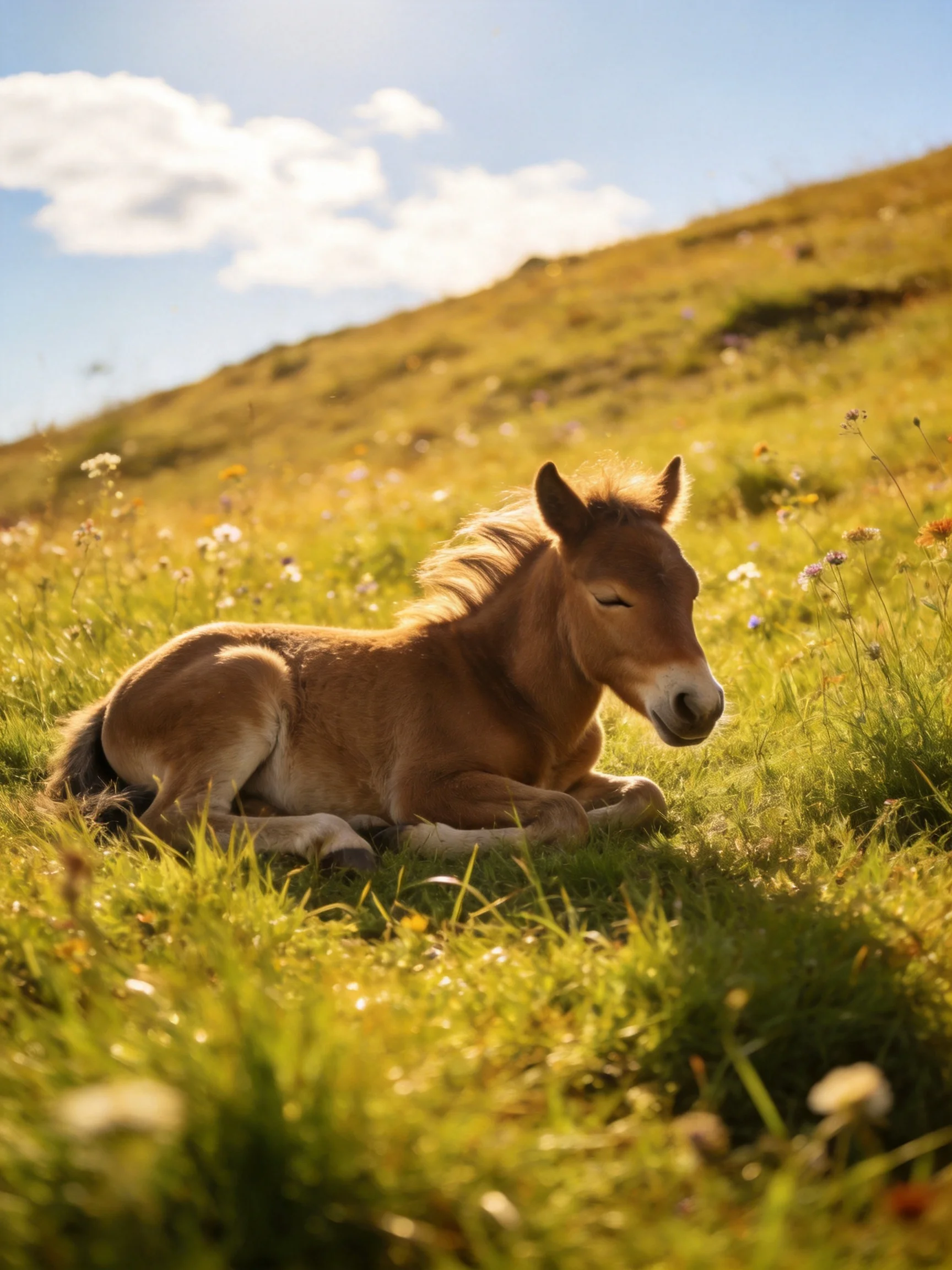 A young brown foal resting in a sunlit meadow of tall green grass