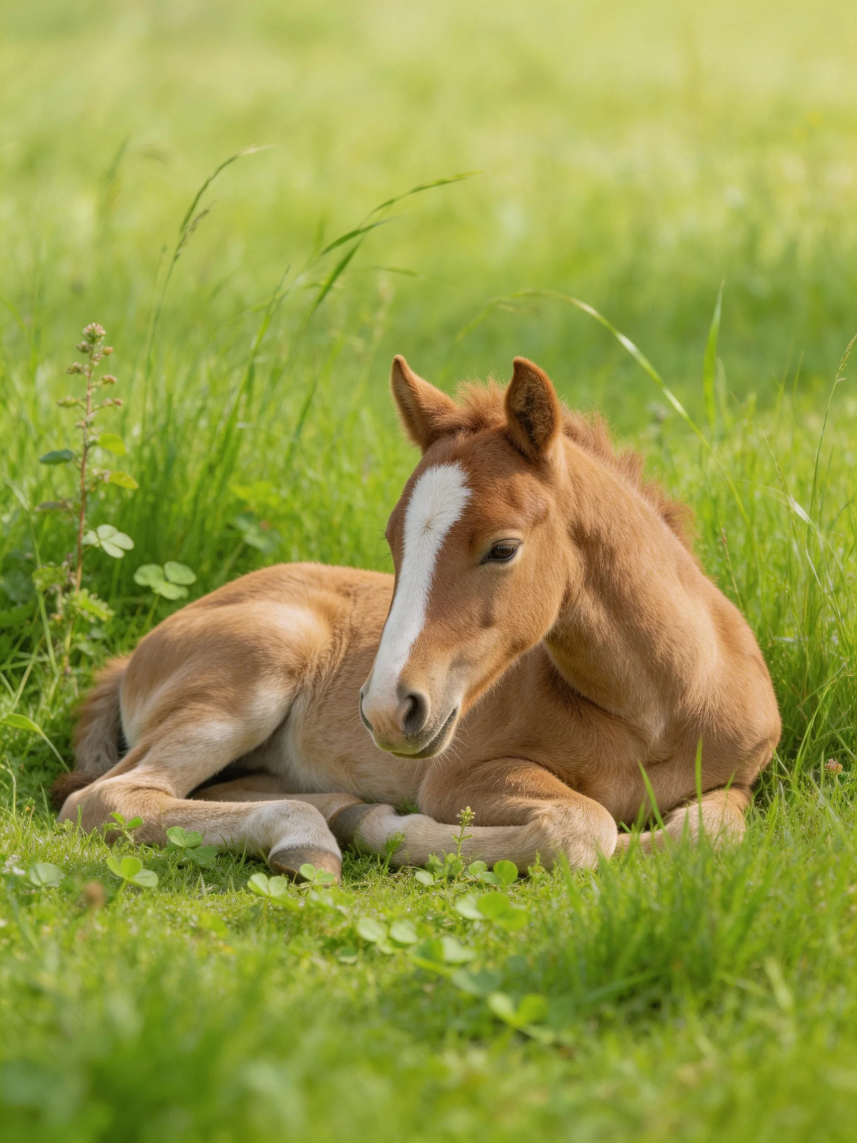 A young brown foal rests in lush green meadow grass