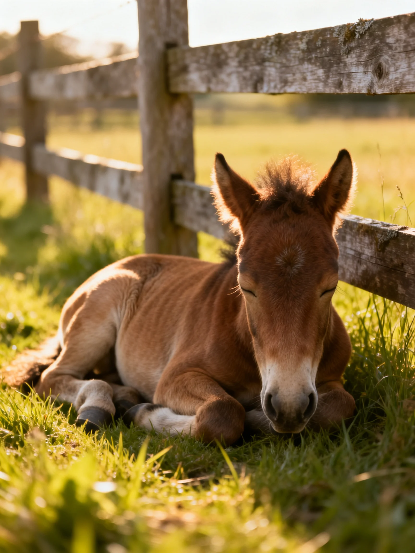 A young brown foal rests near an aged wooden fence in a sunlit field