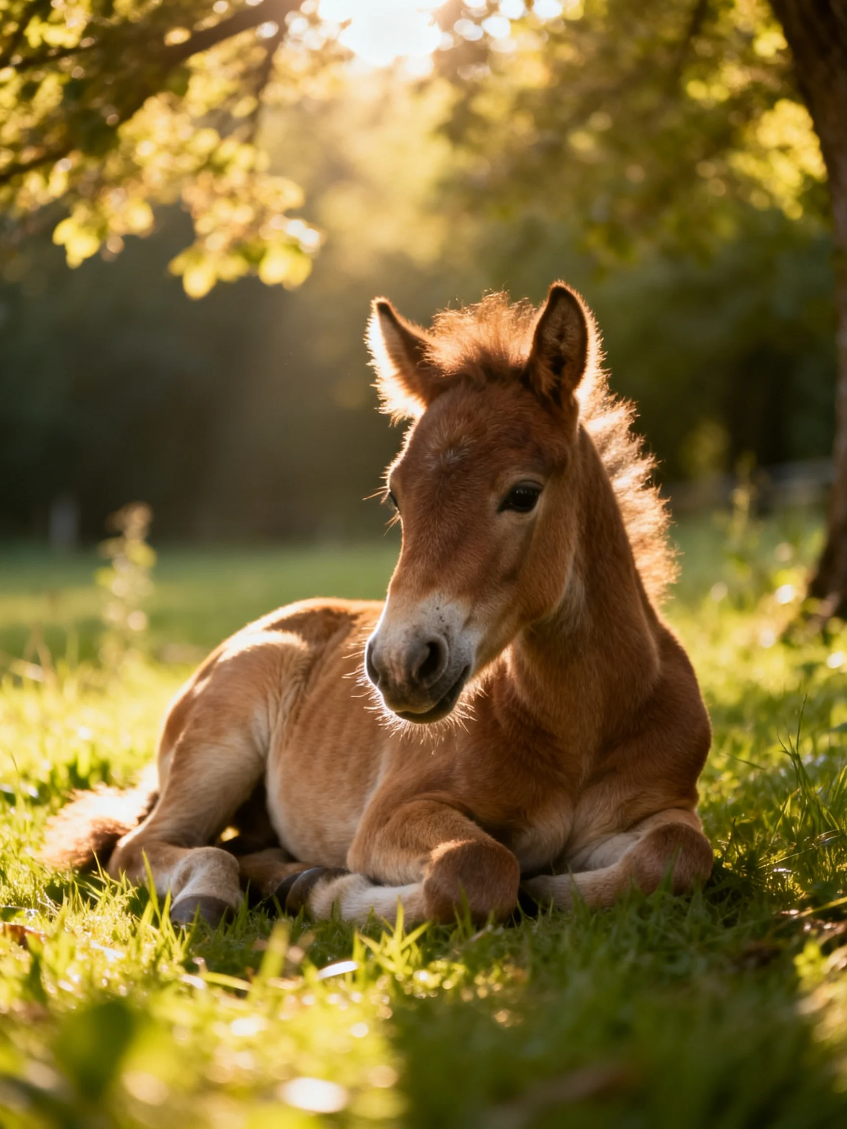 A young brown foal relaxes on grass in a sunlit outdoor setting.