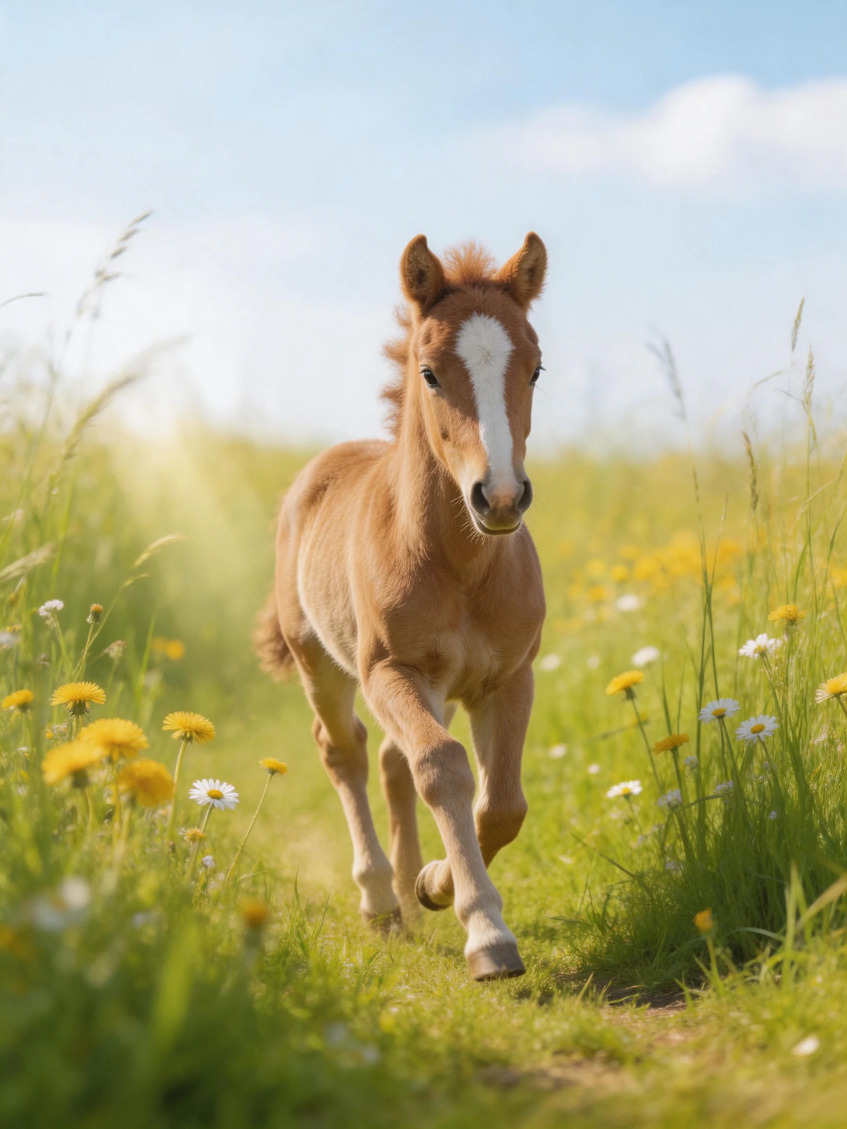 A young brown foal runs through a flower-filled green meadow