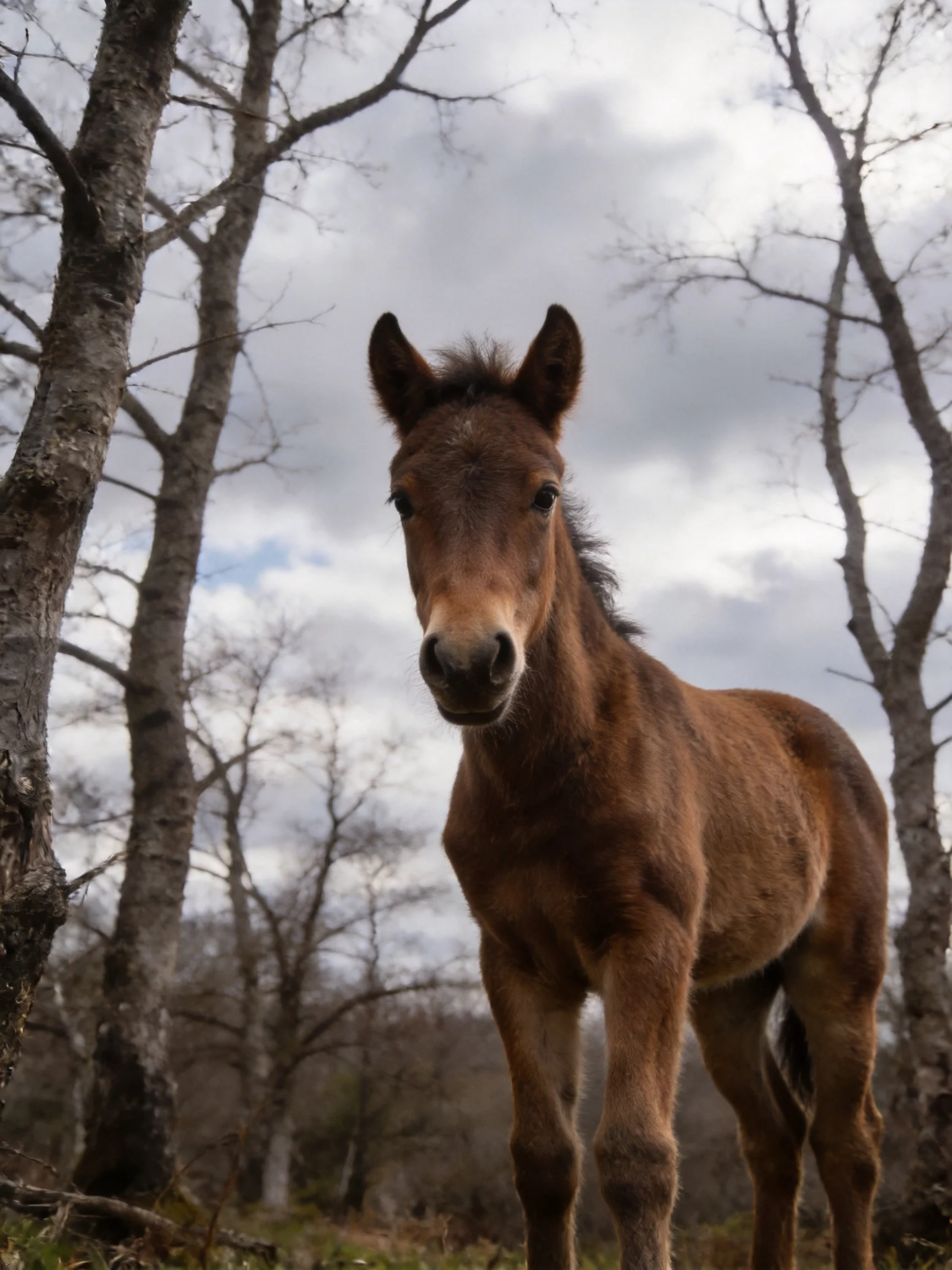 A young brown foal stands among bare trees under a cloudy sky