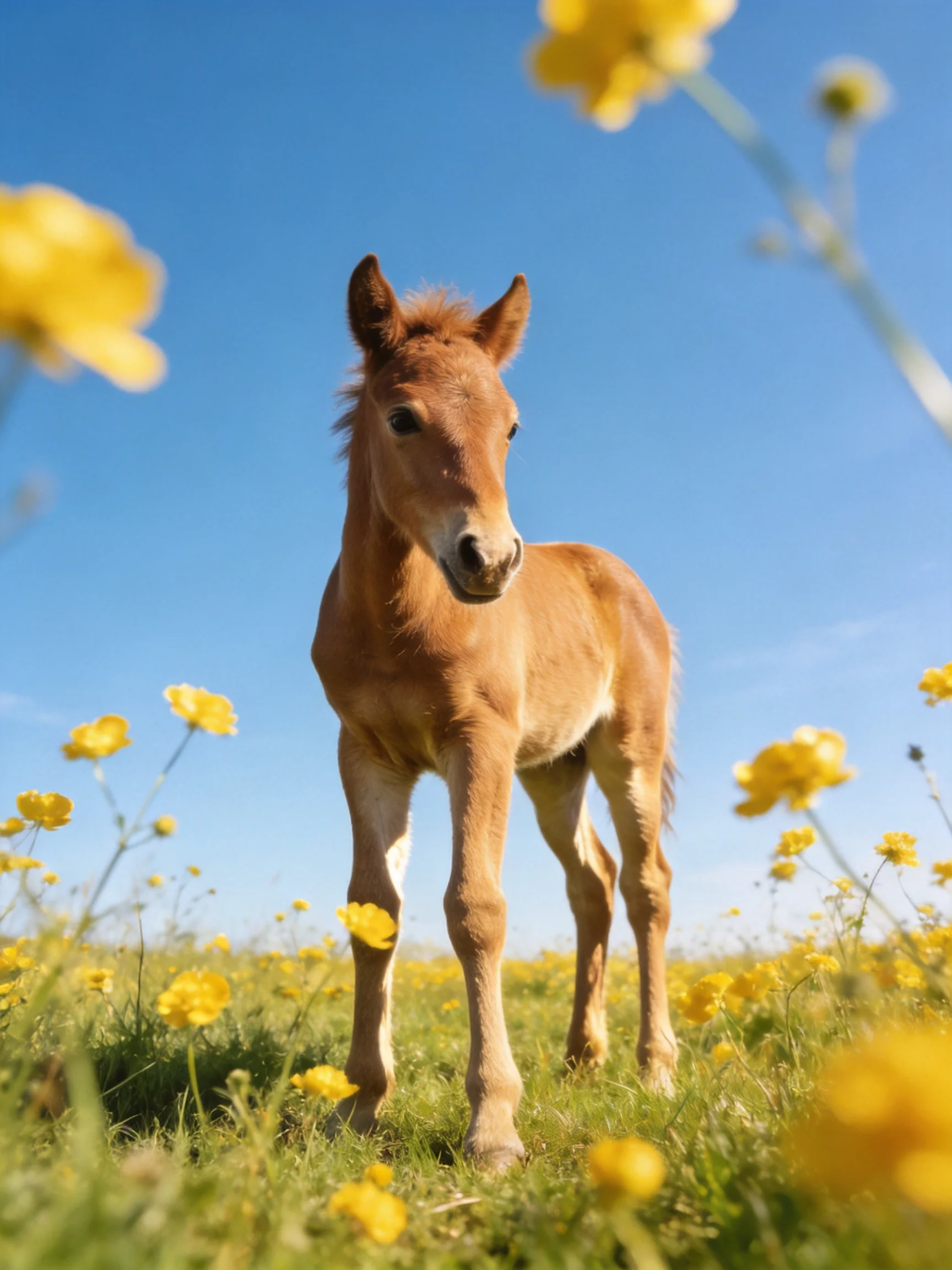 A young brown foal stands among vibrant yellow wildflowers under a clear blue sky.