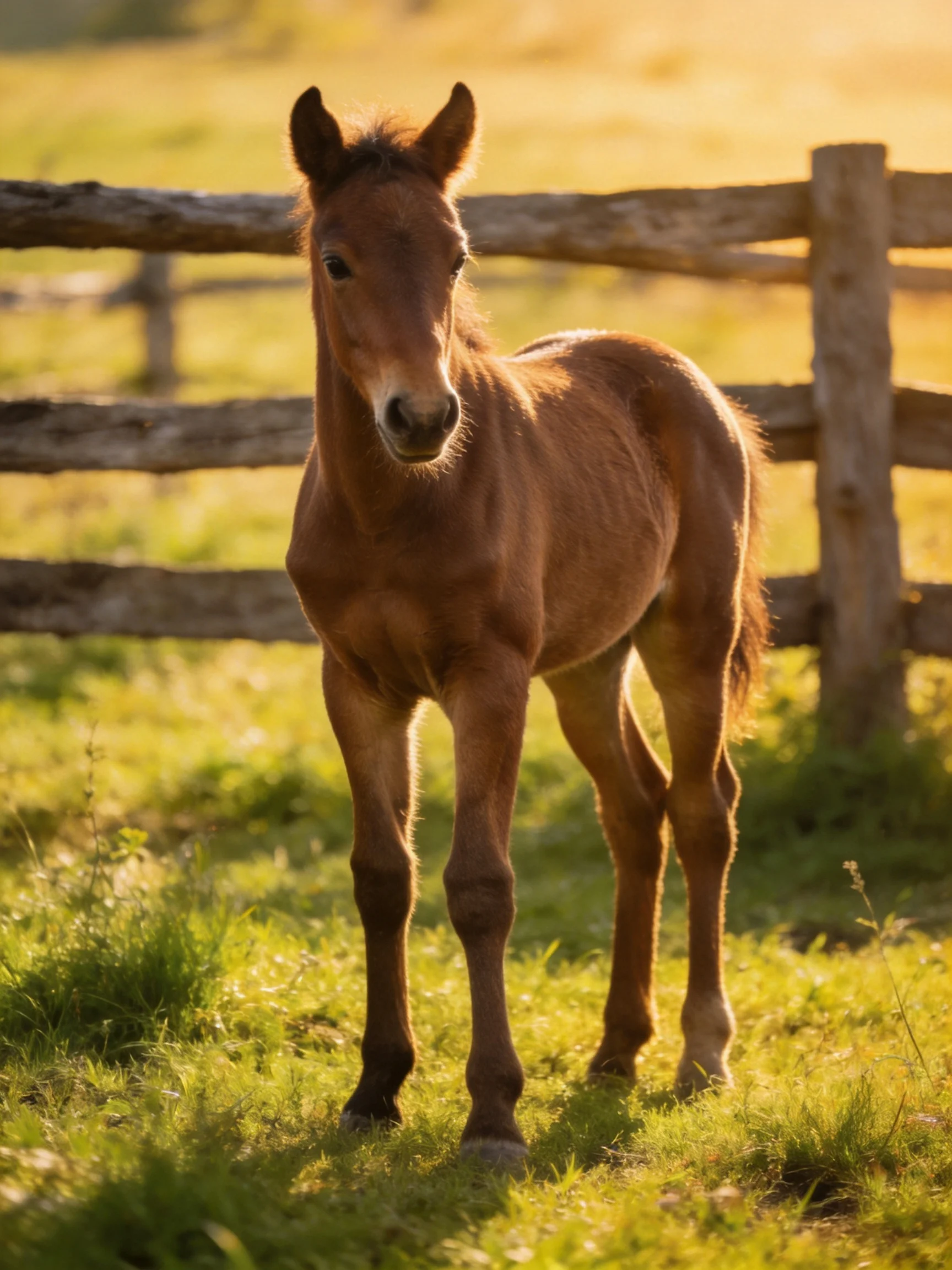 A young brown foal stands by a wooden fence in a sunlit meadow