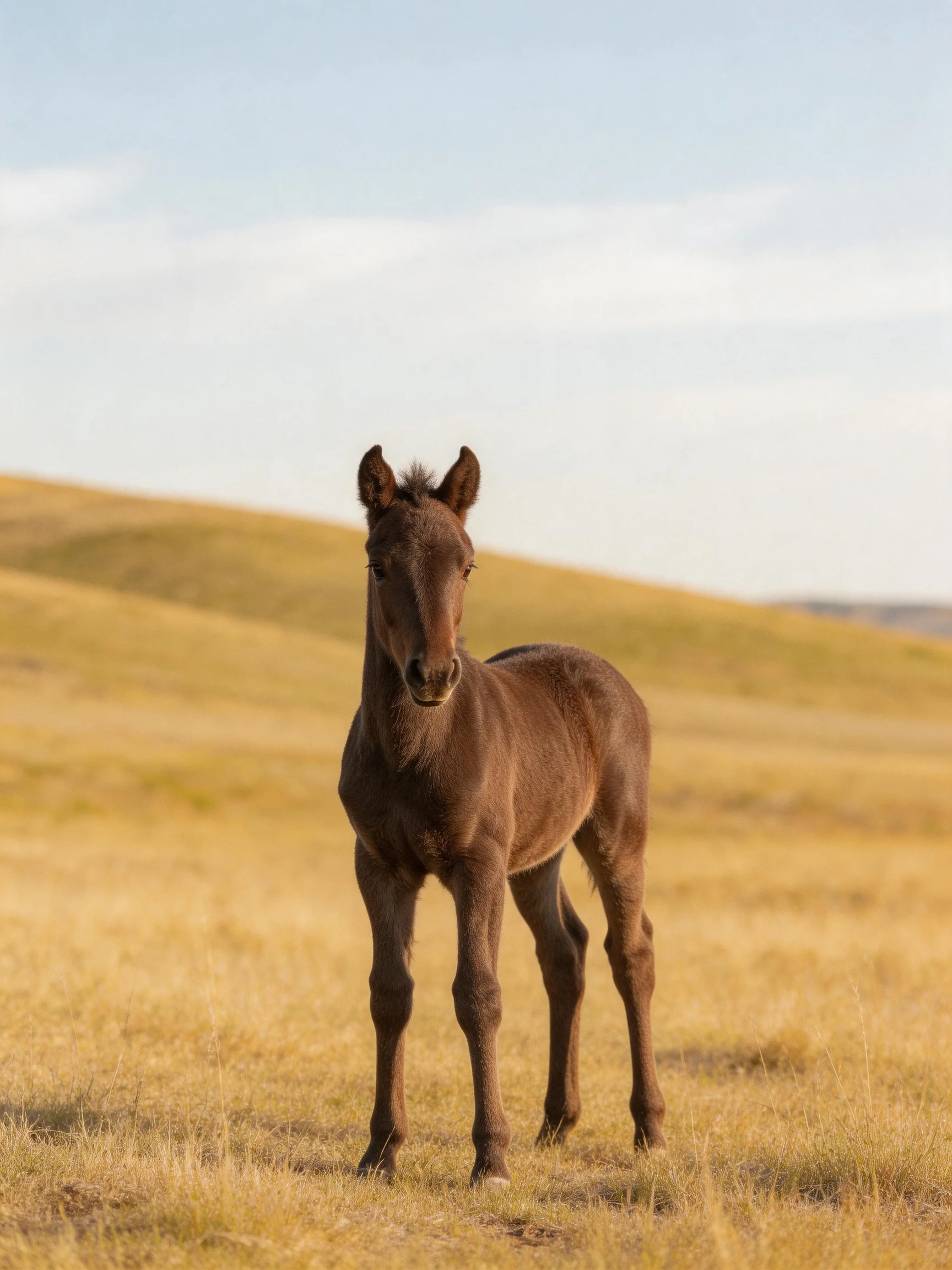 A young brown foal stands alone in an open golden field.