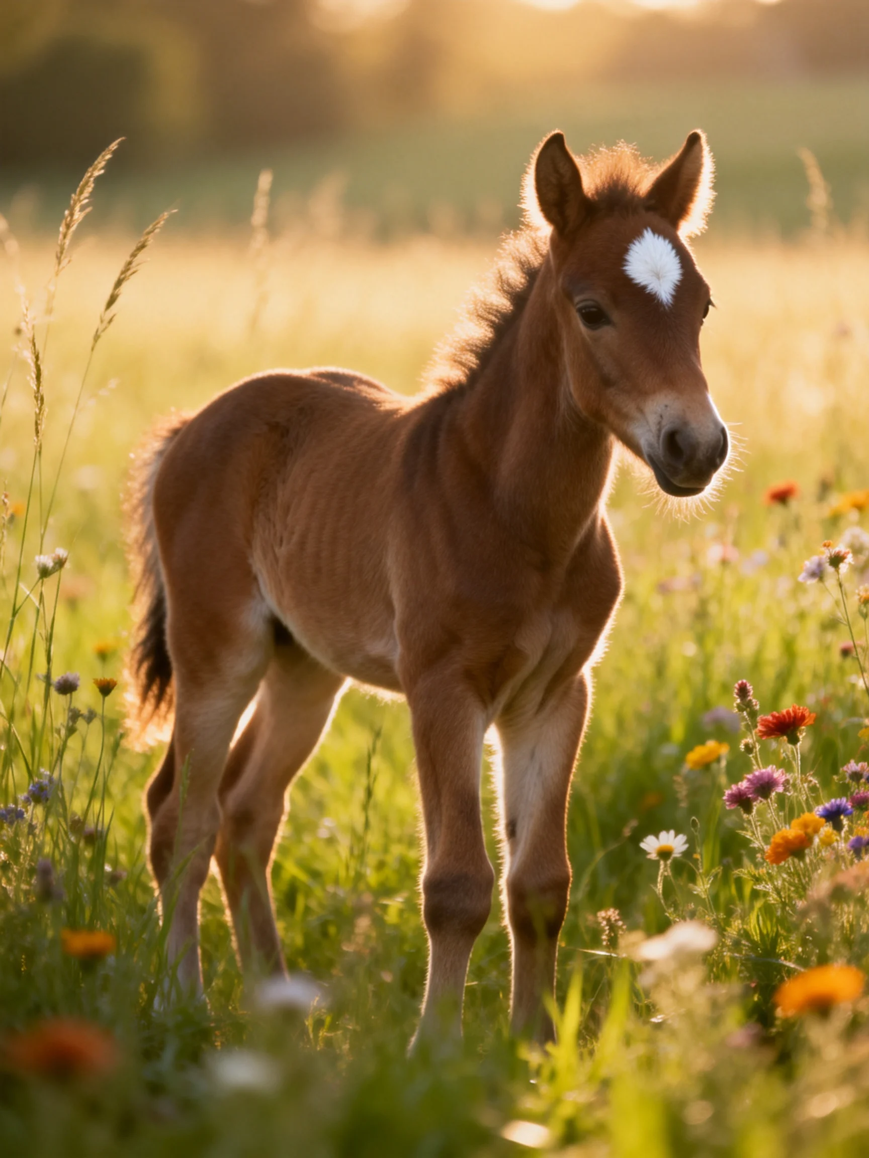 A young brown foal stands in a sunlit wildflower meadow