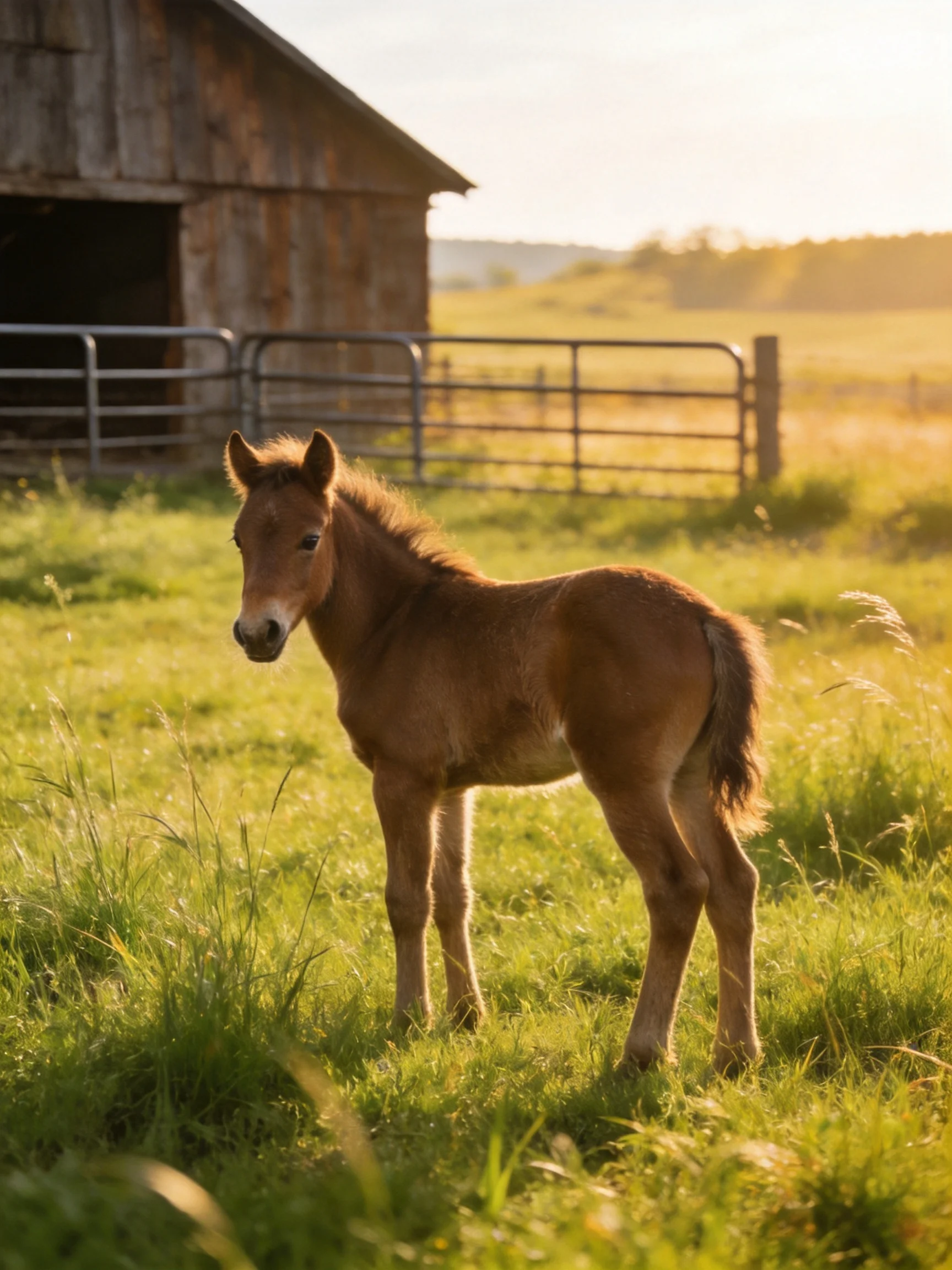 A young brown foal stands in lush green pasture near an old wooden barn