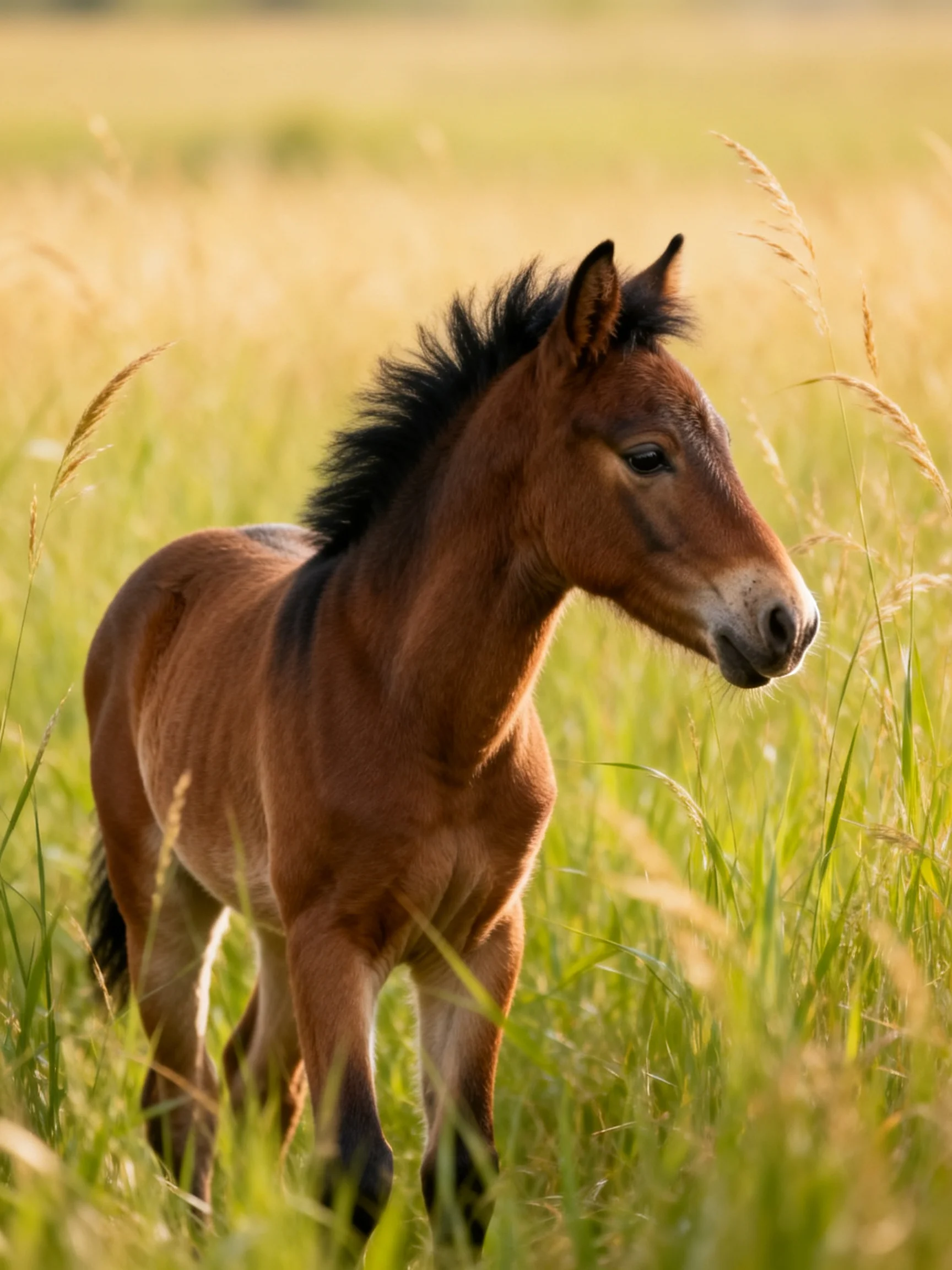 A young brown foal stands in tall grass during a sunny day.