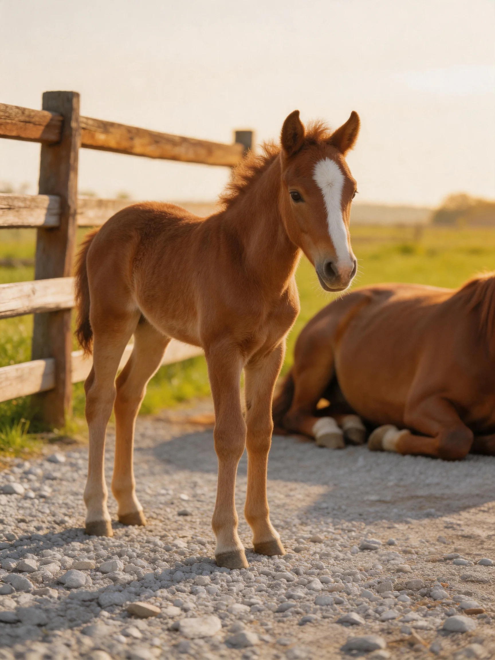 A young brown foal stands near an adult horse by a wooden fence